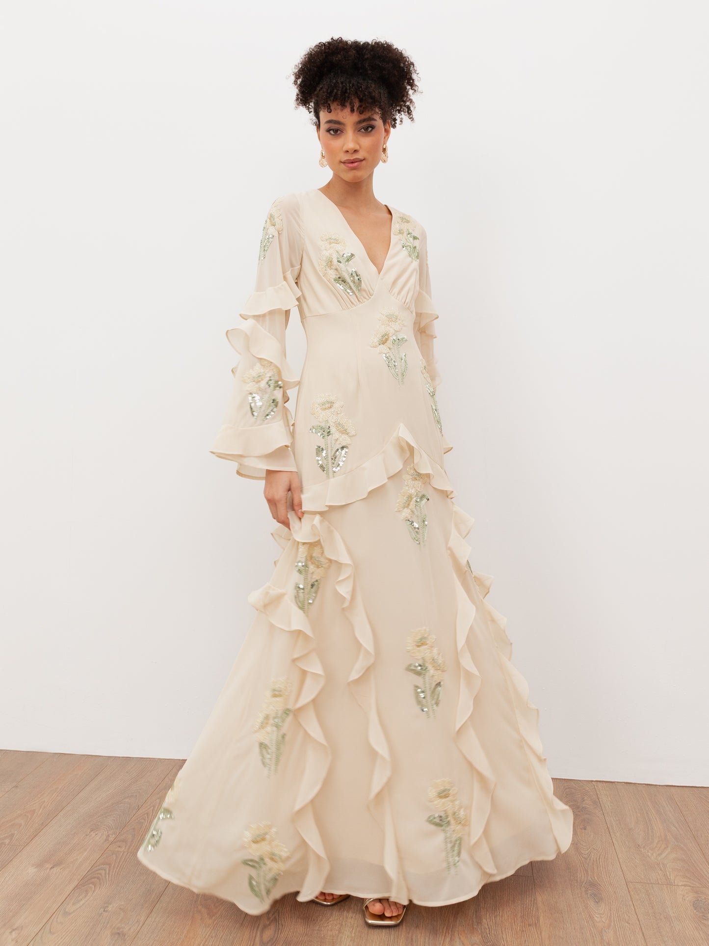 Maya Vanilla Embellished Maxi Sleeve Ruffle Maxi Dress