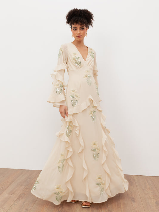 Maya Vanilla Embellished Maxi Sleeve Ruffle Maxi Dress