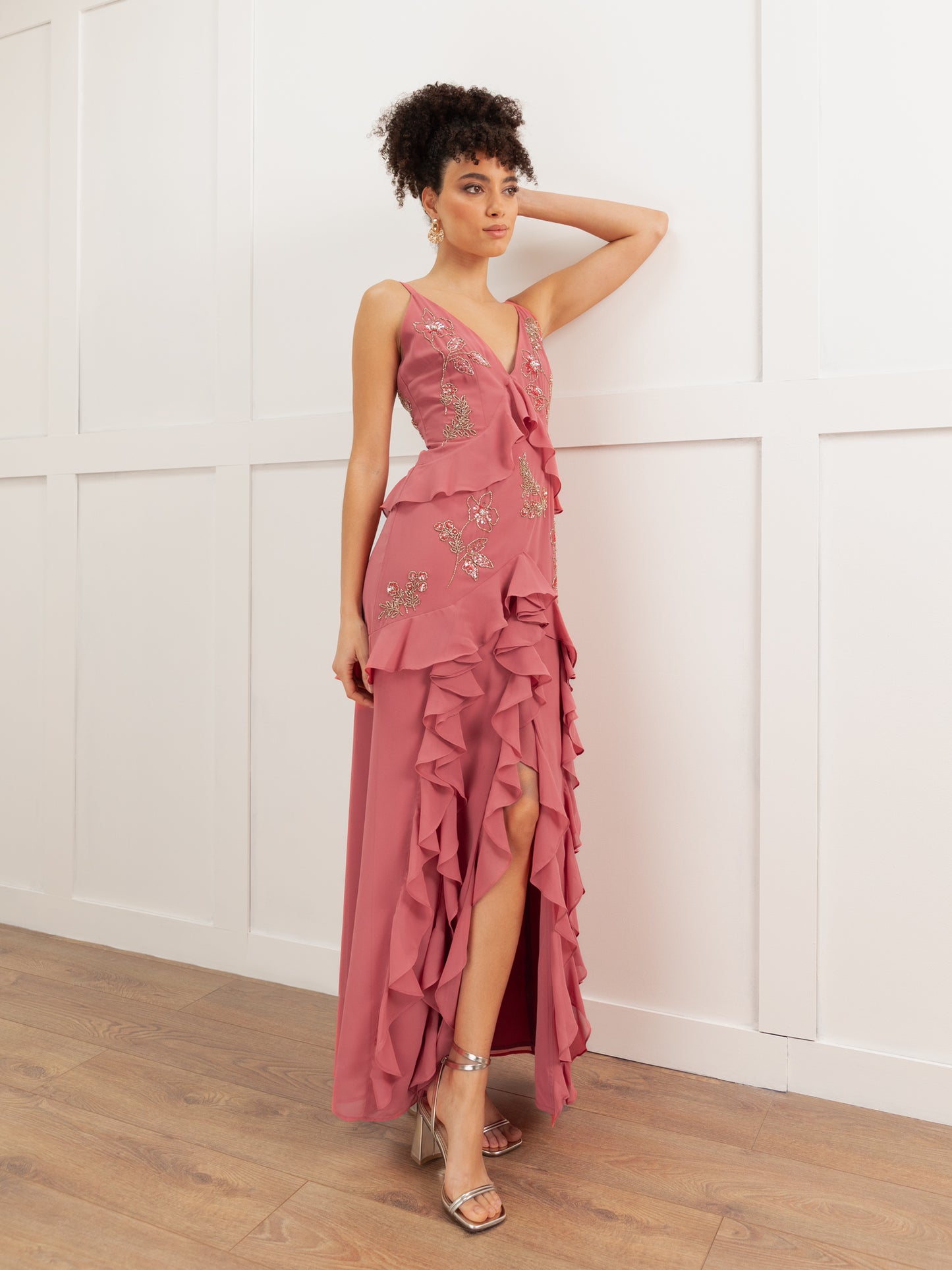Maya Pink Embellished Cami Maxi Dress with Waterfall Ruffle