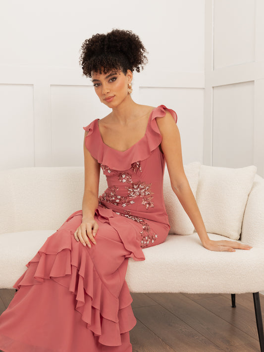 Maya Mid Pink Embellished Ruffled Maxi Dress with Keyhole Back