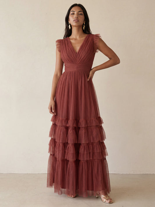 Anaya With Love Recycled Rusted Rose Flutter Sleeve Ruffle Maxi Dress