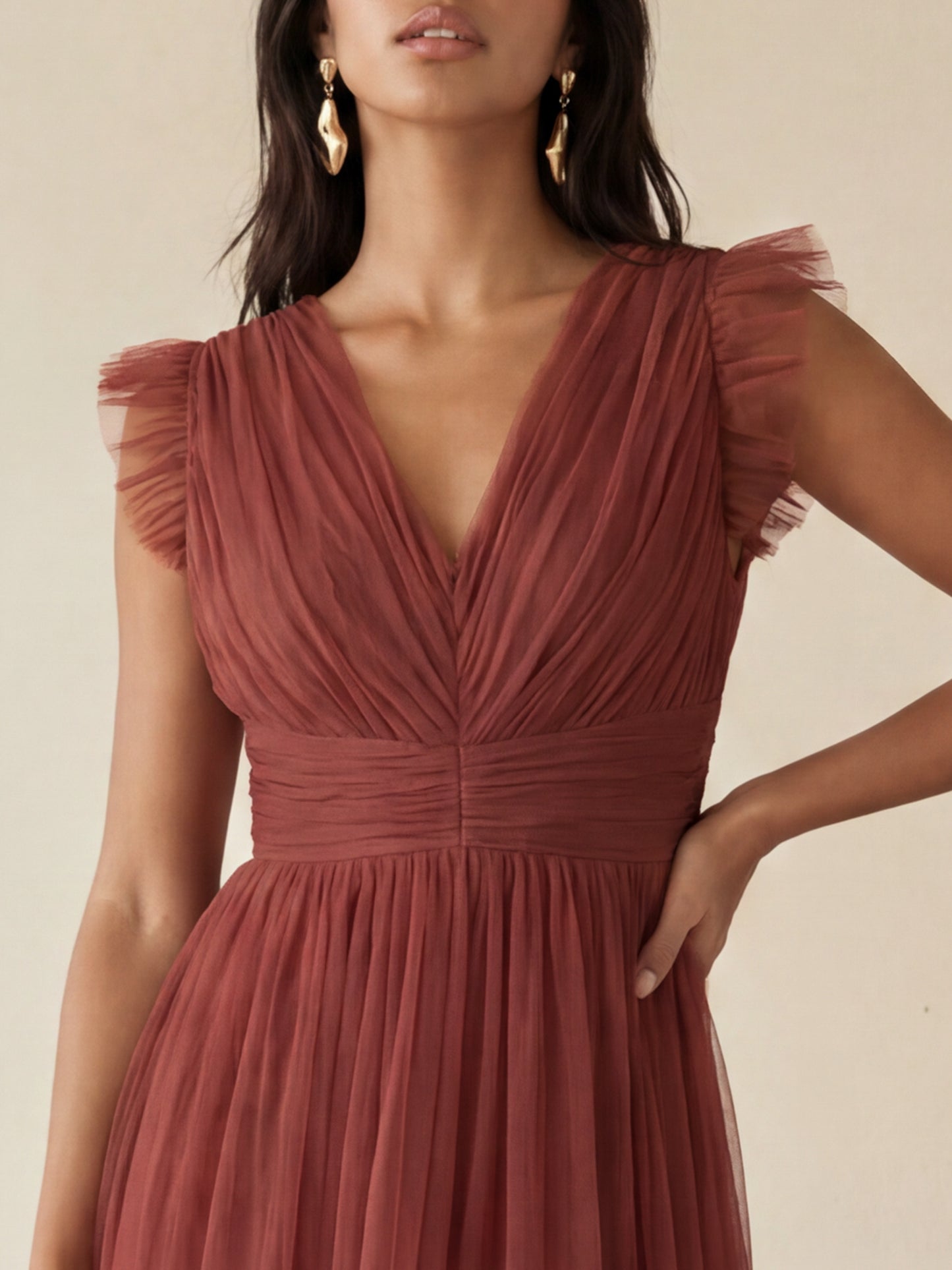 Anaya With Love Recycled Rusted Rose Flutter Sleeve Ruffle Maxi Dress