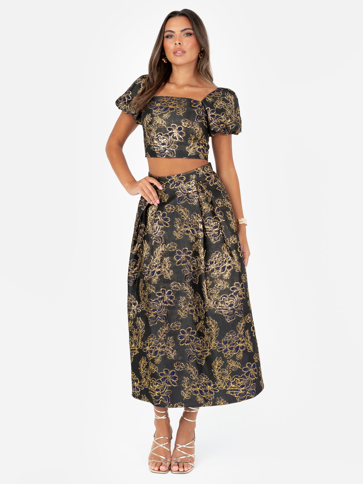 Maya Gold Floral Jacquard Pleated Midi Skirt with Pockets