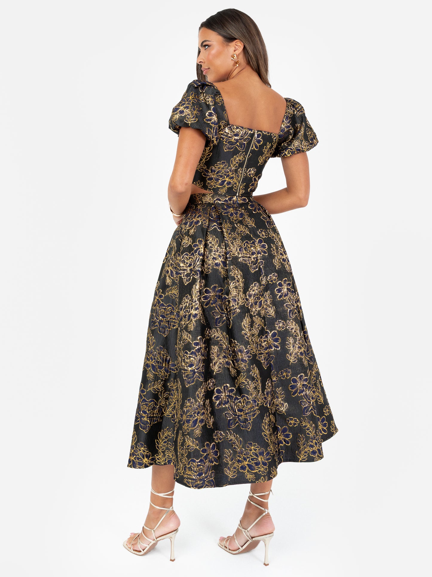 Maya Gold Floral Jacquard Pleated Midi Skirt with Pockets