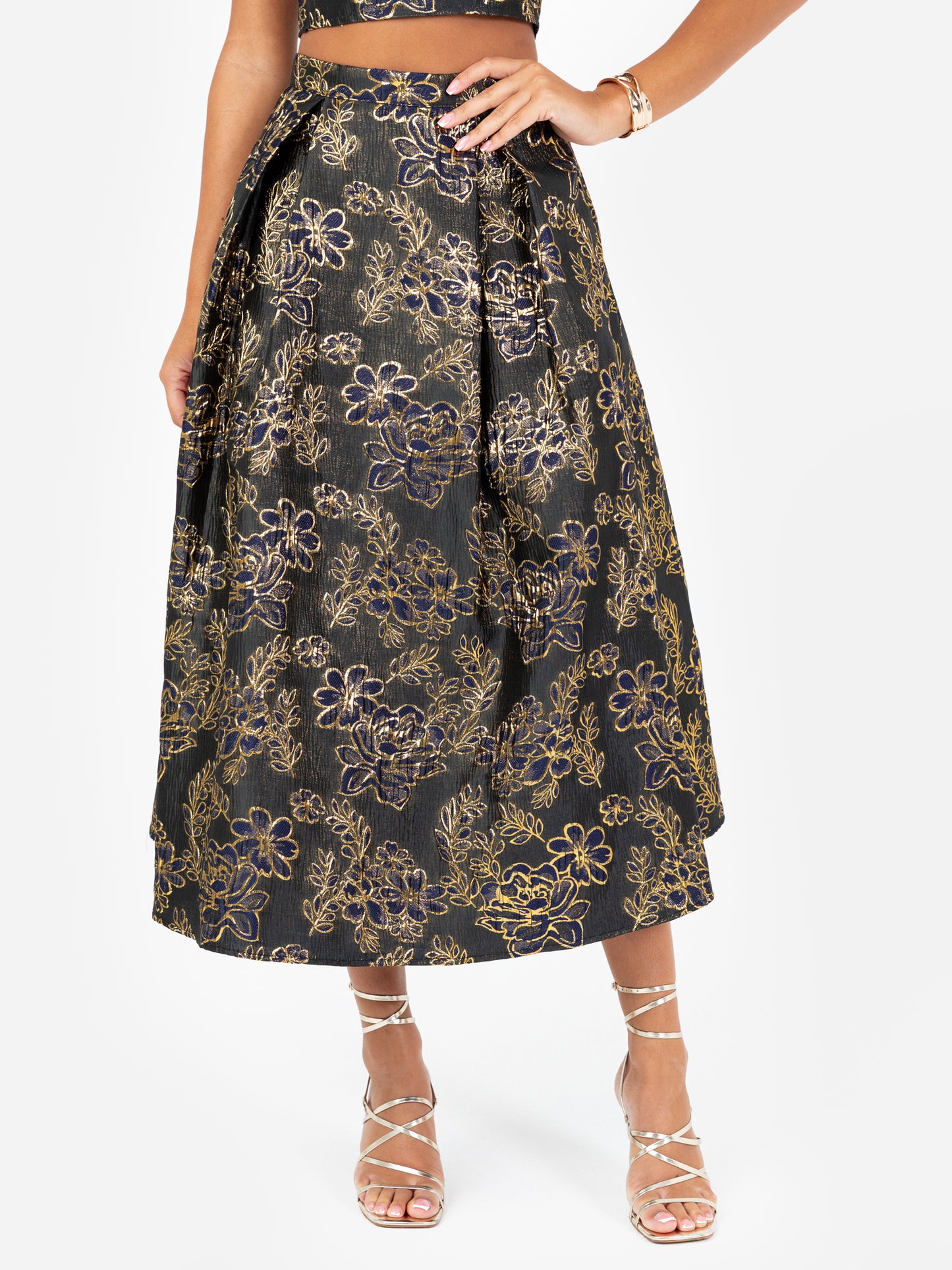 Maya Gold Floral Jacquard Pleated Midi Skirt with Pockets