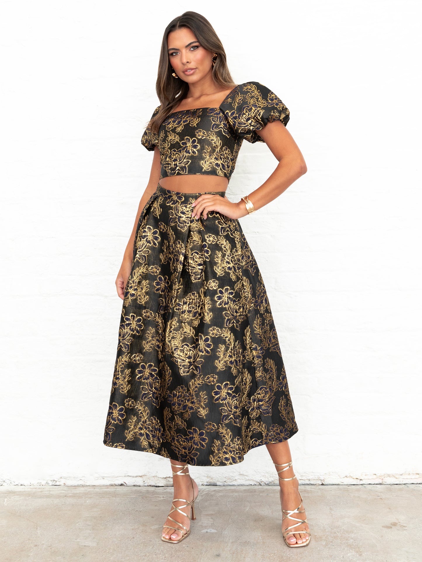 Maya Gold Floral Jacquard Pleated Midi Skirt with Pockets