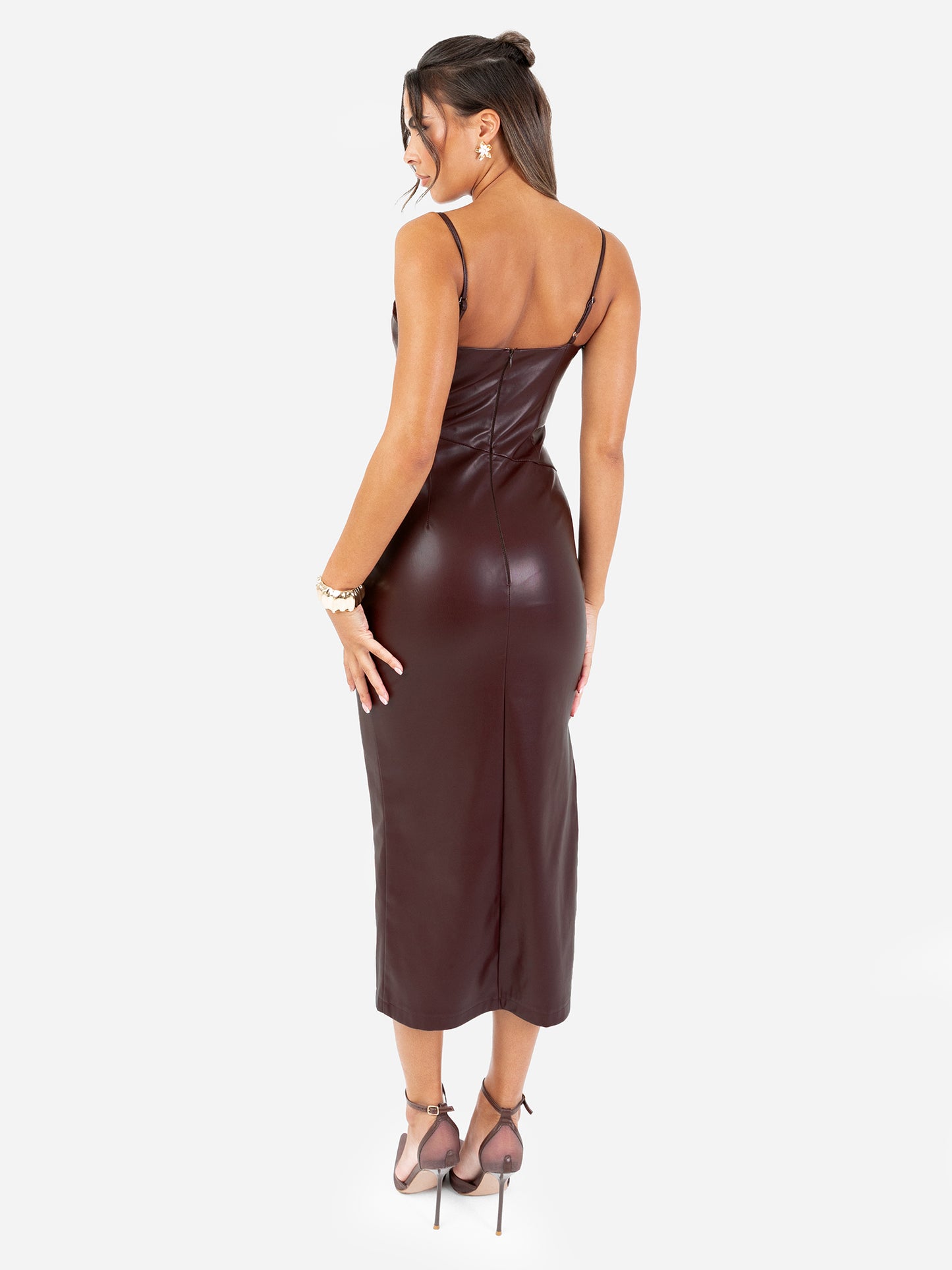 Maya Brown PU Leather Strappy Midi Dress