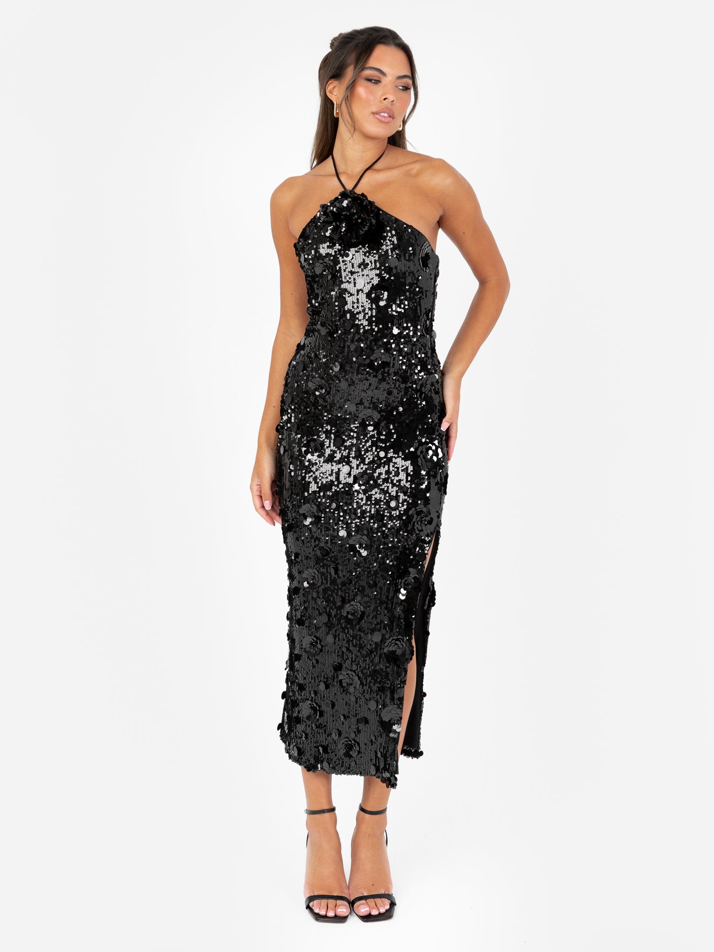 Maya Black Fully Embellished Halter Neck Midaxi Dress with Corsage