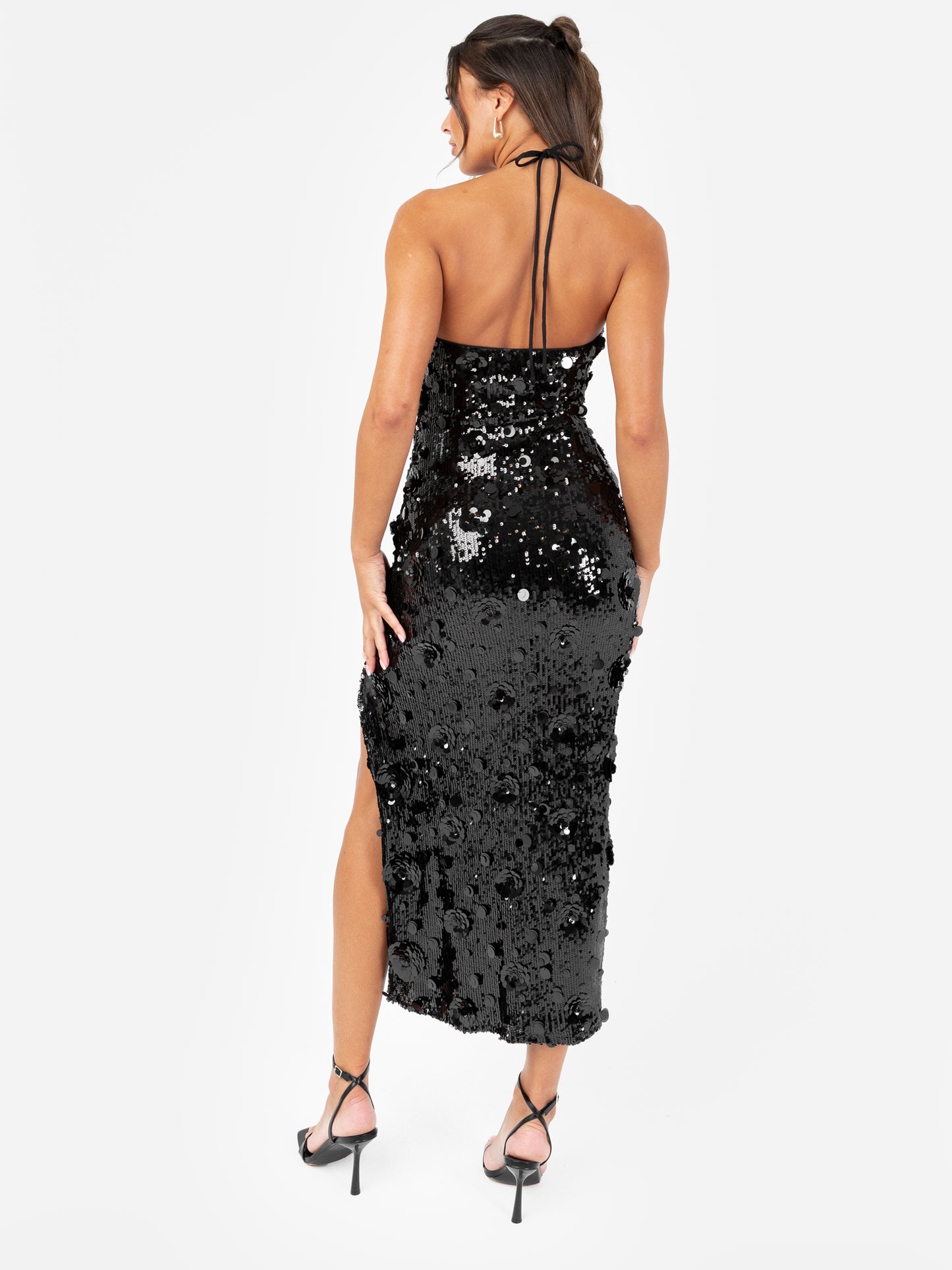 Maya Black Fully Embellished Halter Neck Midaxi Dress with Corsage