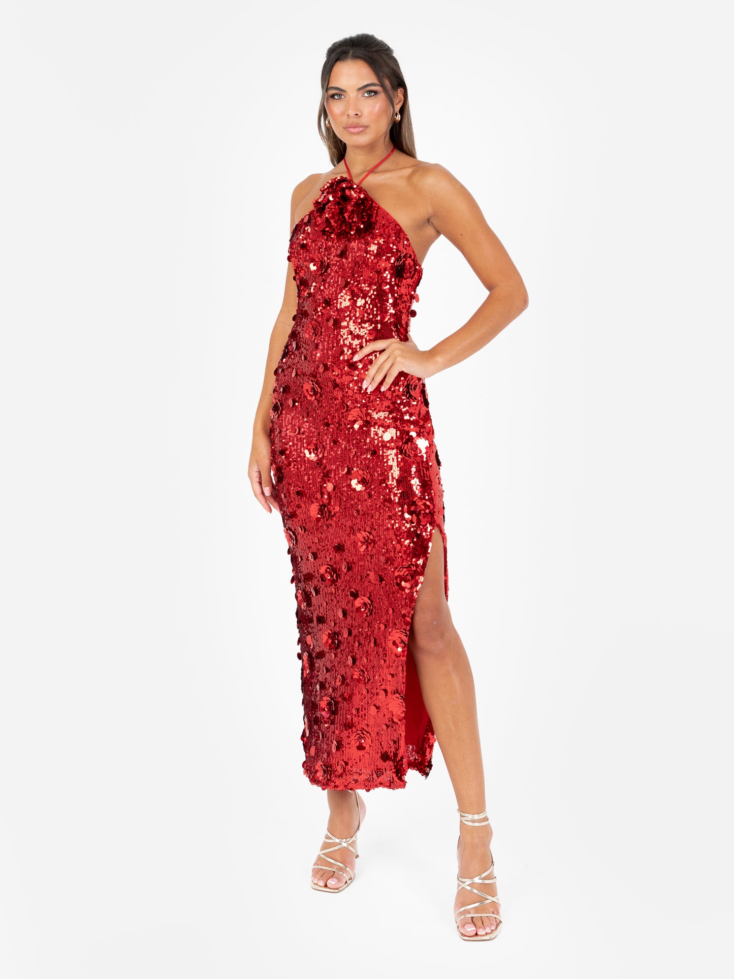 Maya Red Fully Embellished Halter Neck Midaxi Dress with Corsage