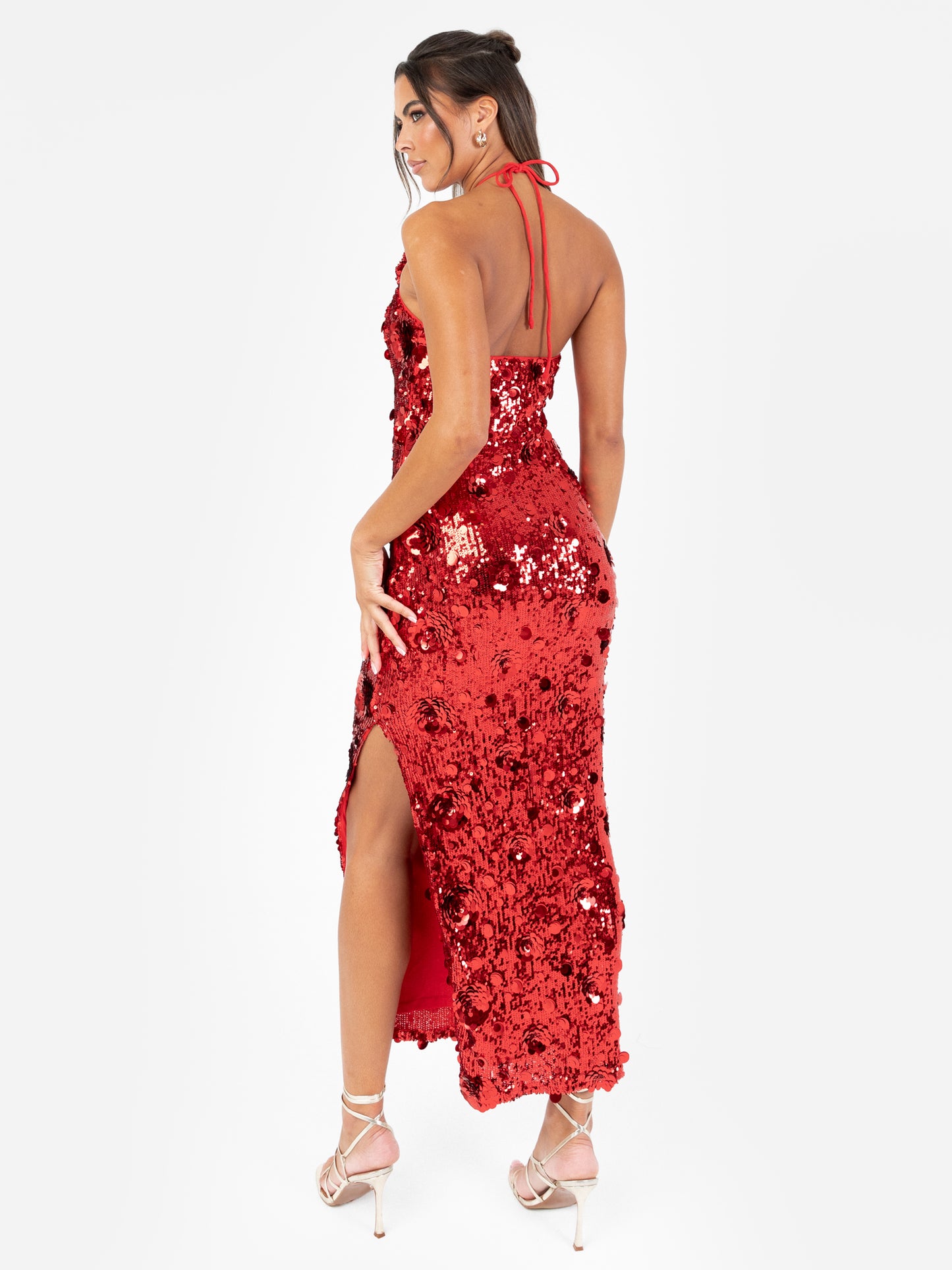 Maya Red Fully Embellished Halter Neck Midaxi Dress with Corsage
