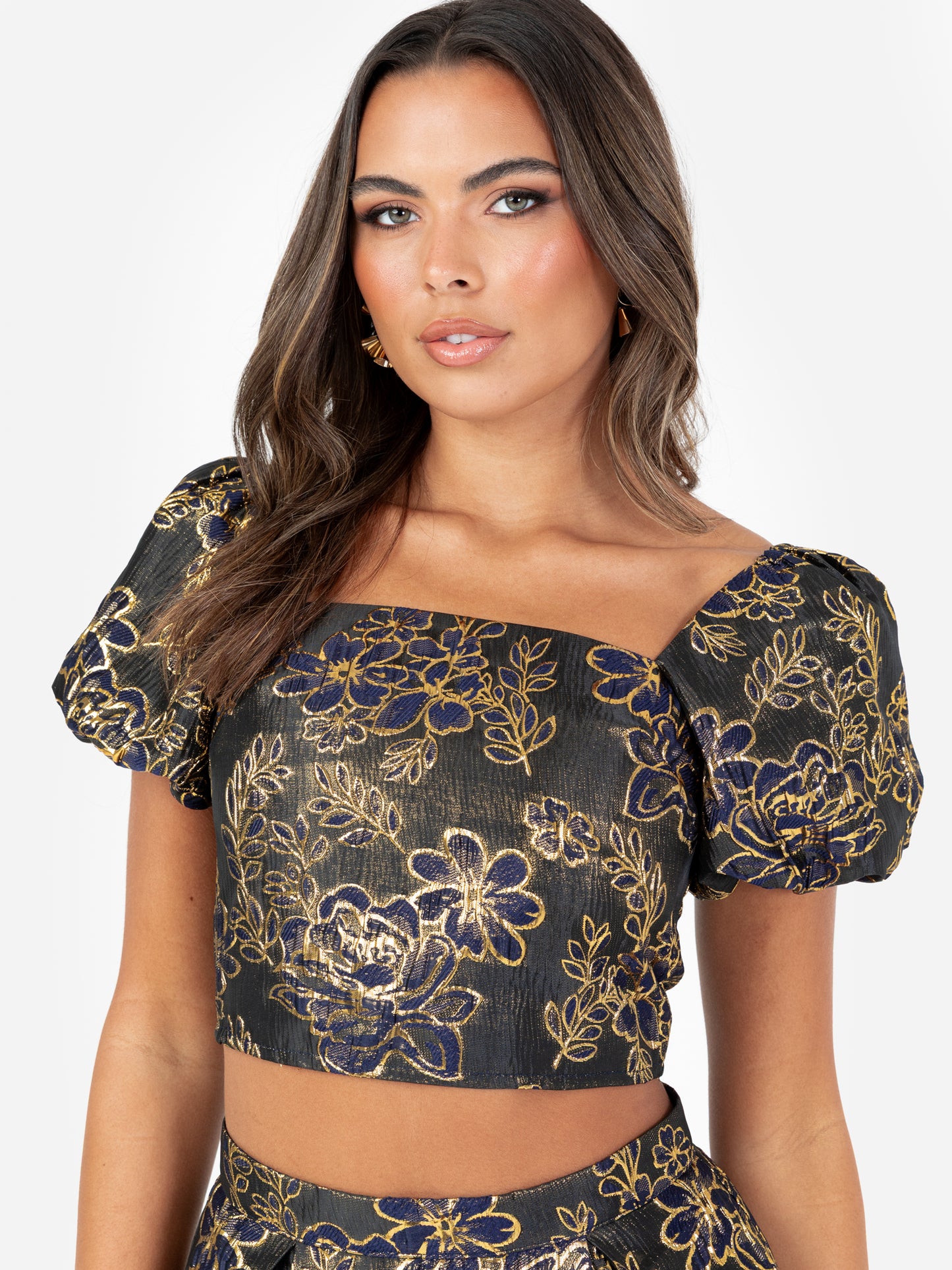 Maya Floral Jacquard Square Neck Puff Sleeve Crop Top