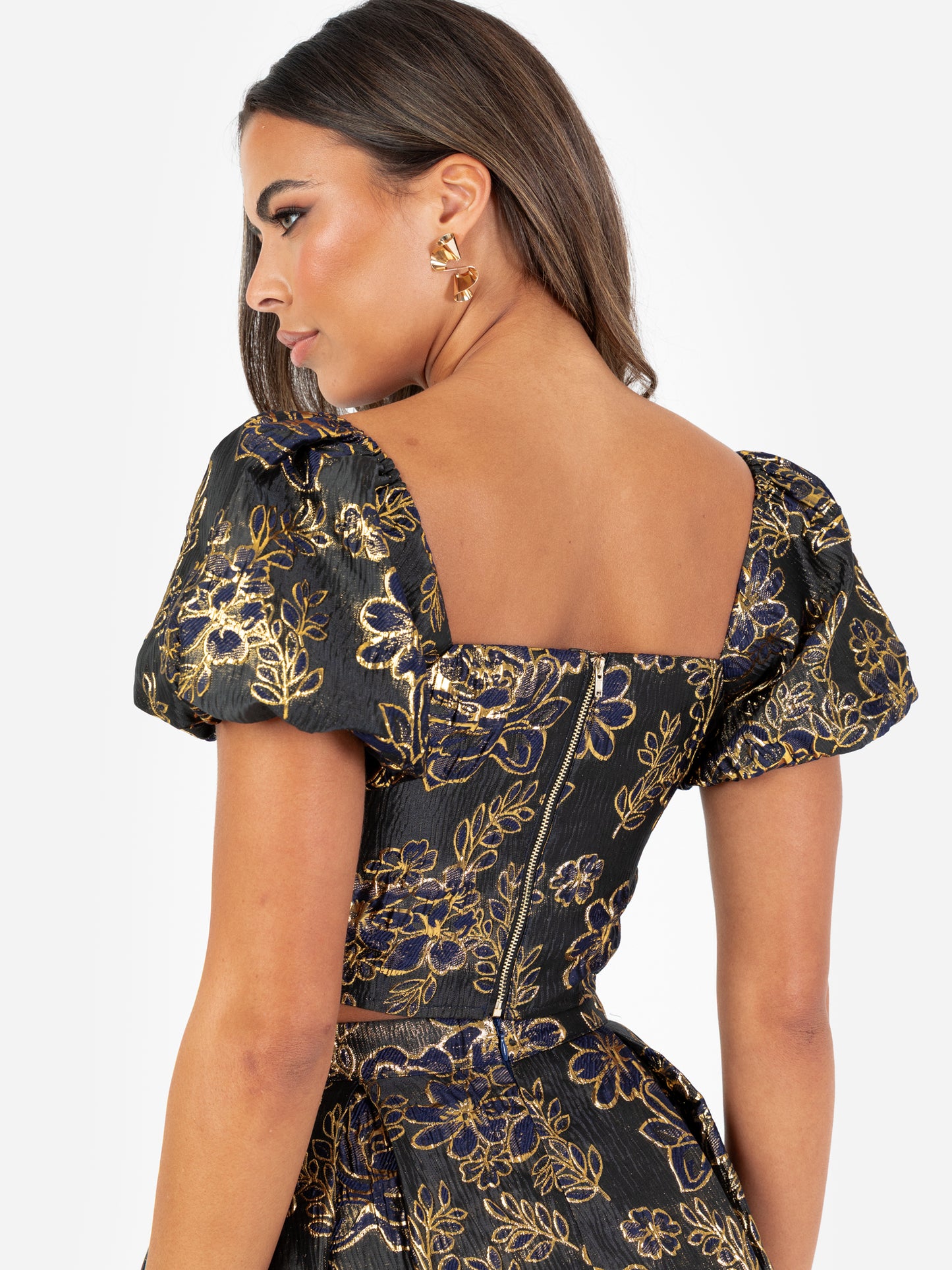 Maya Floral Jacquard Square Neck Puff Sleeve Crop Top