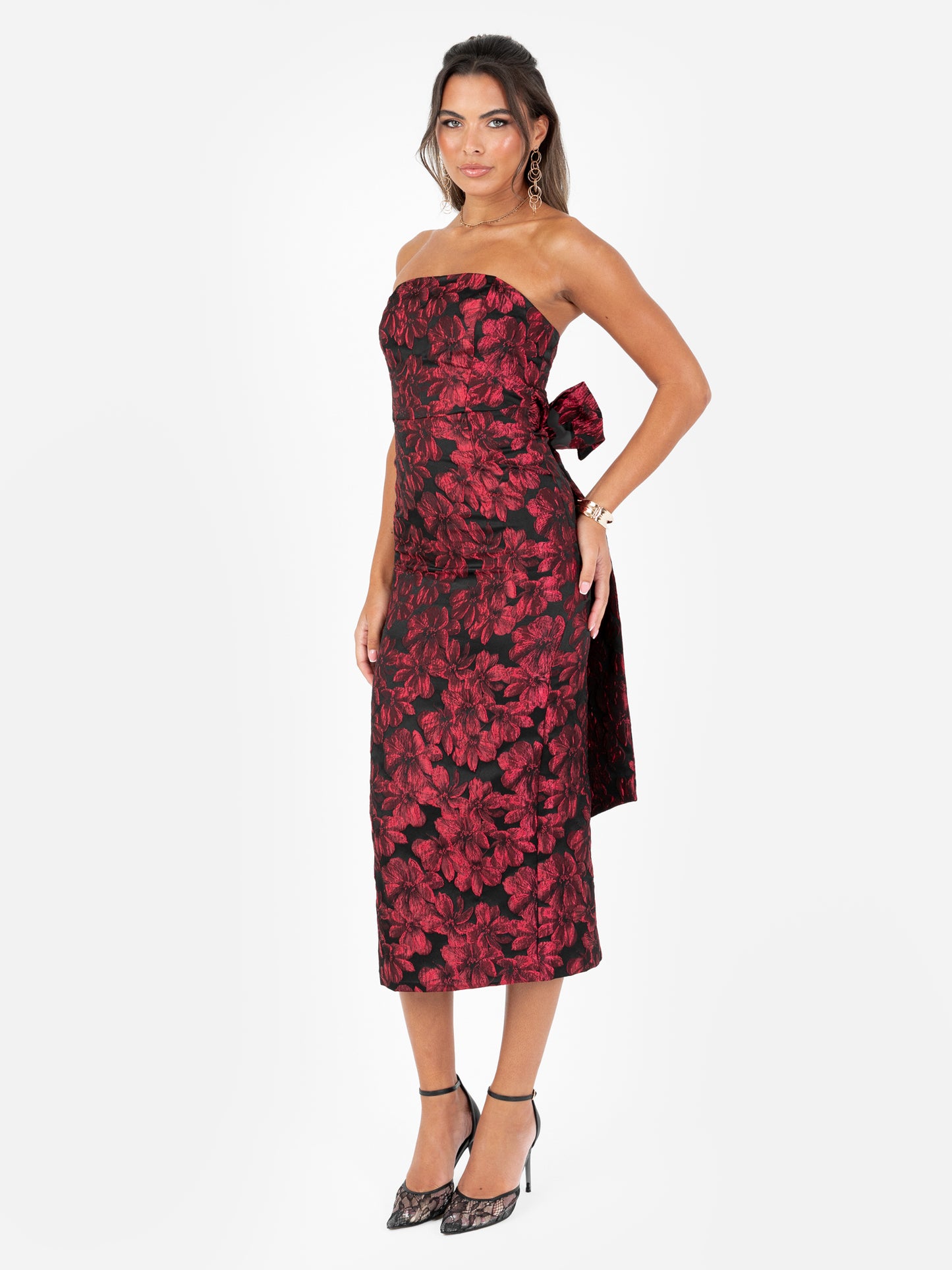 Maya Red Floral Jacquard Bandeau Midi Dress with Oversized Bow