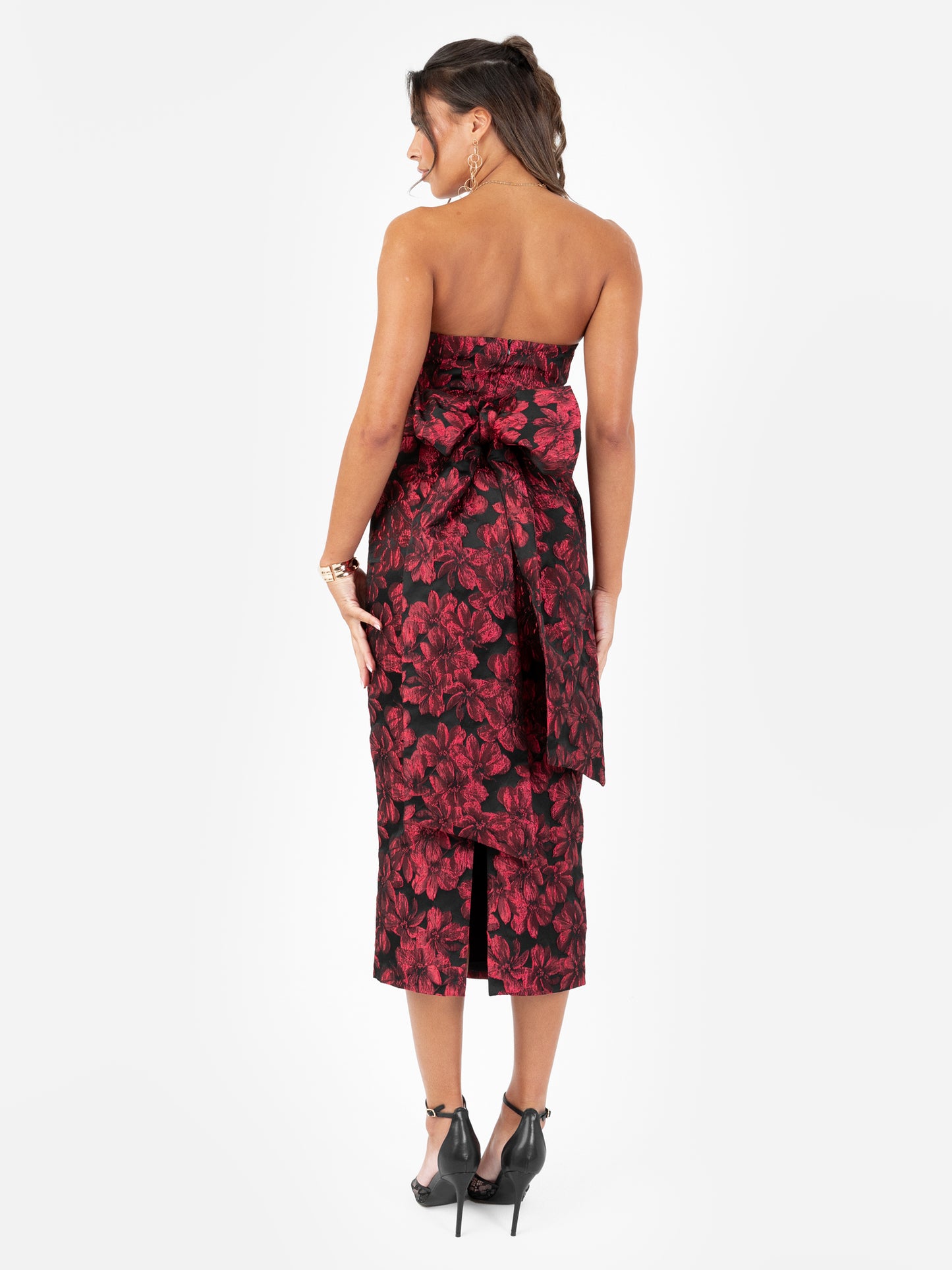 Maya Red Floral Jacquard Bandeau Midi Dress with Oversized Bow
