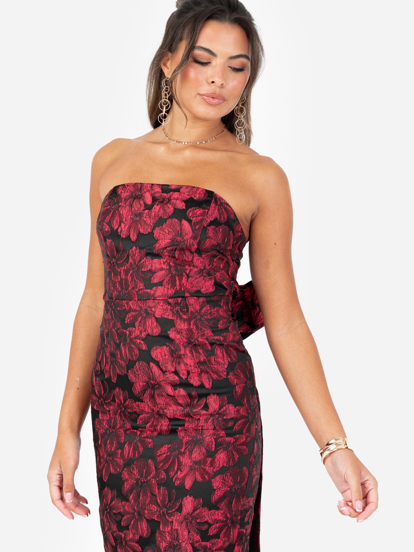 Maya Red Floral Jacquard Bandeau Midi Dress with Oversized Bow