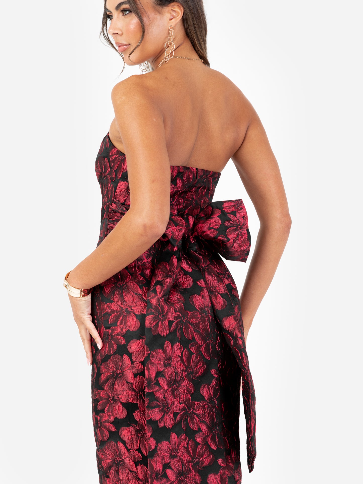 Maya Red Floral Jacquard Bandeau Midi Dress with Oversized Bow