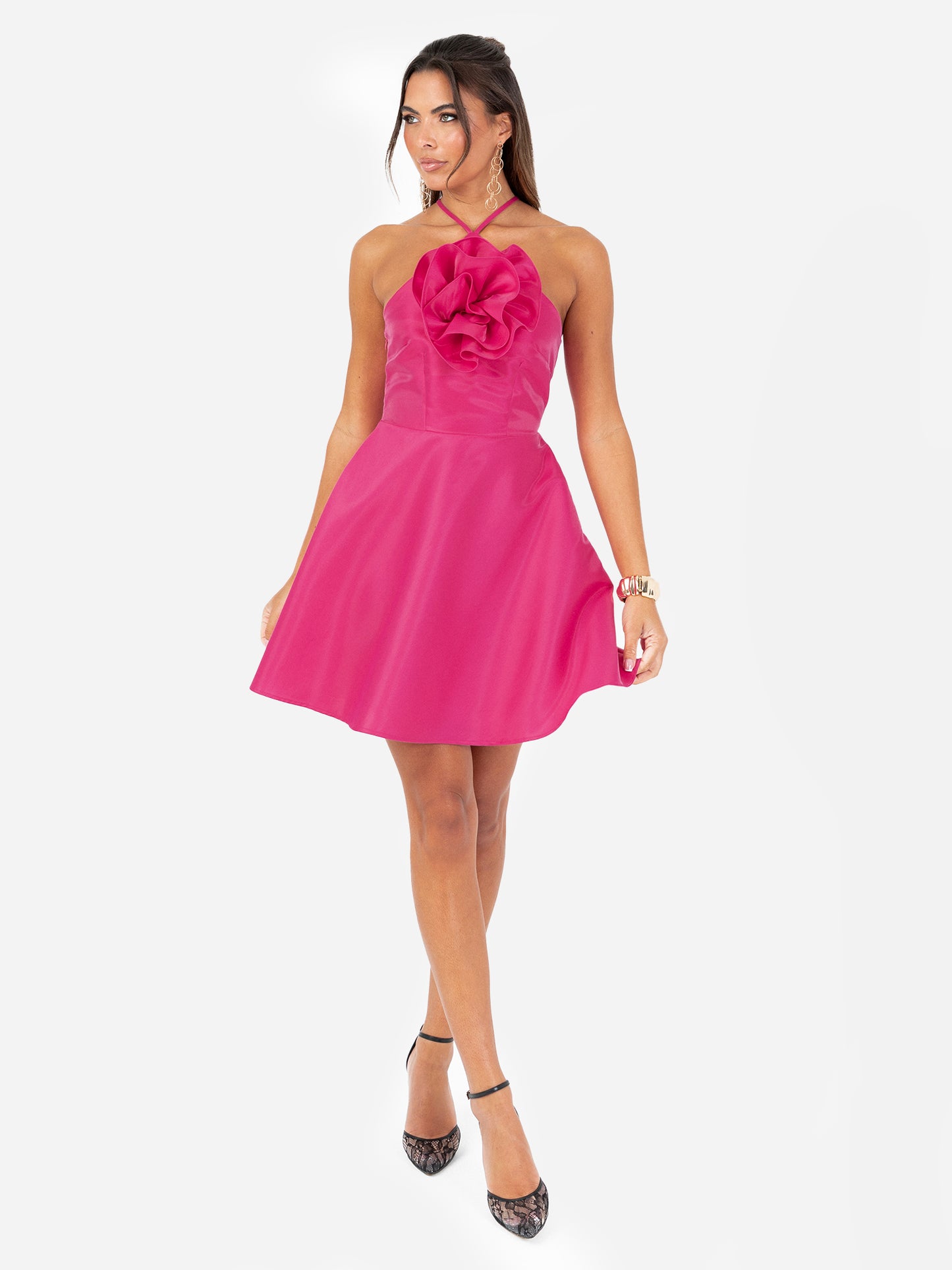 Maya Hot Pink Oversized Flower Corsage Strappy Mini Dress