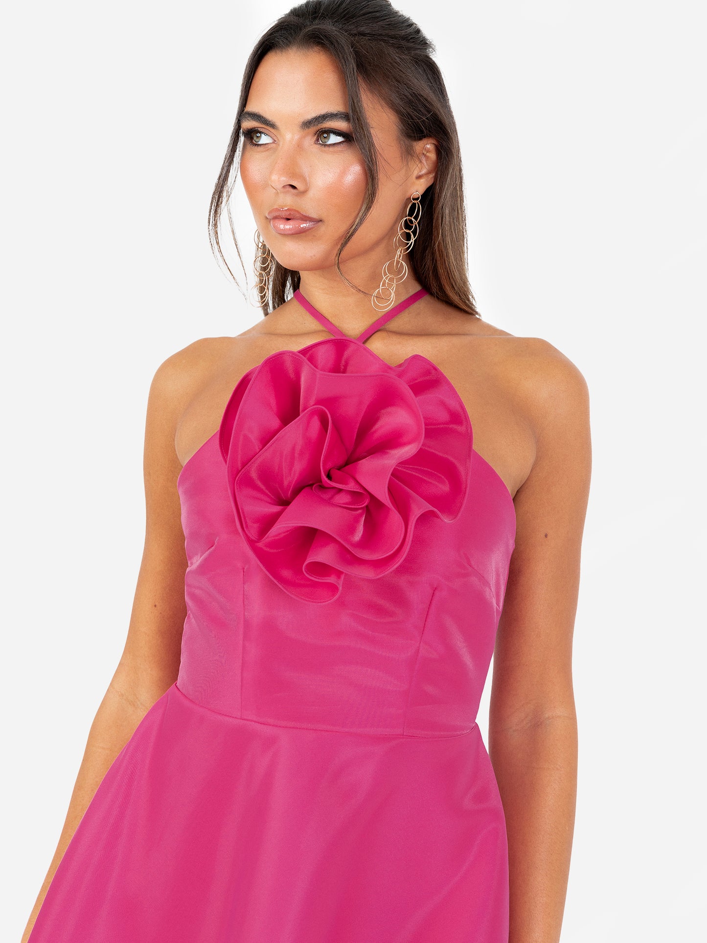 Maya Hot Pink Oversized Flower Corsage Strappy Mini Dress
