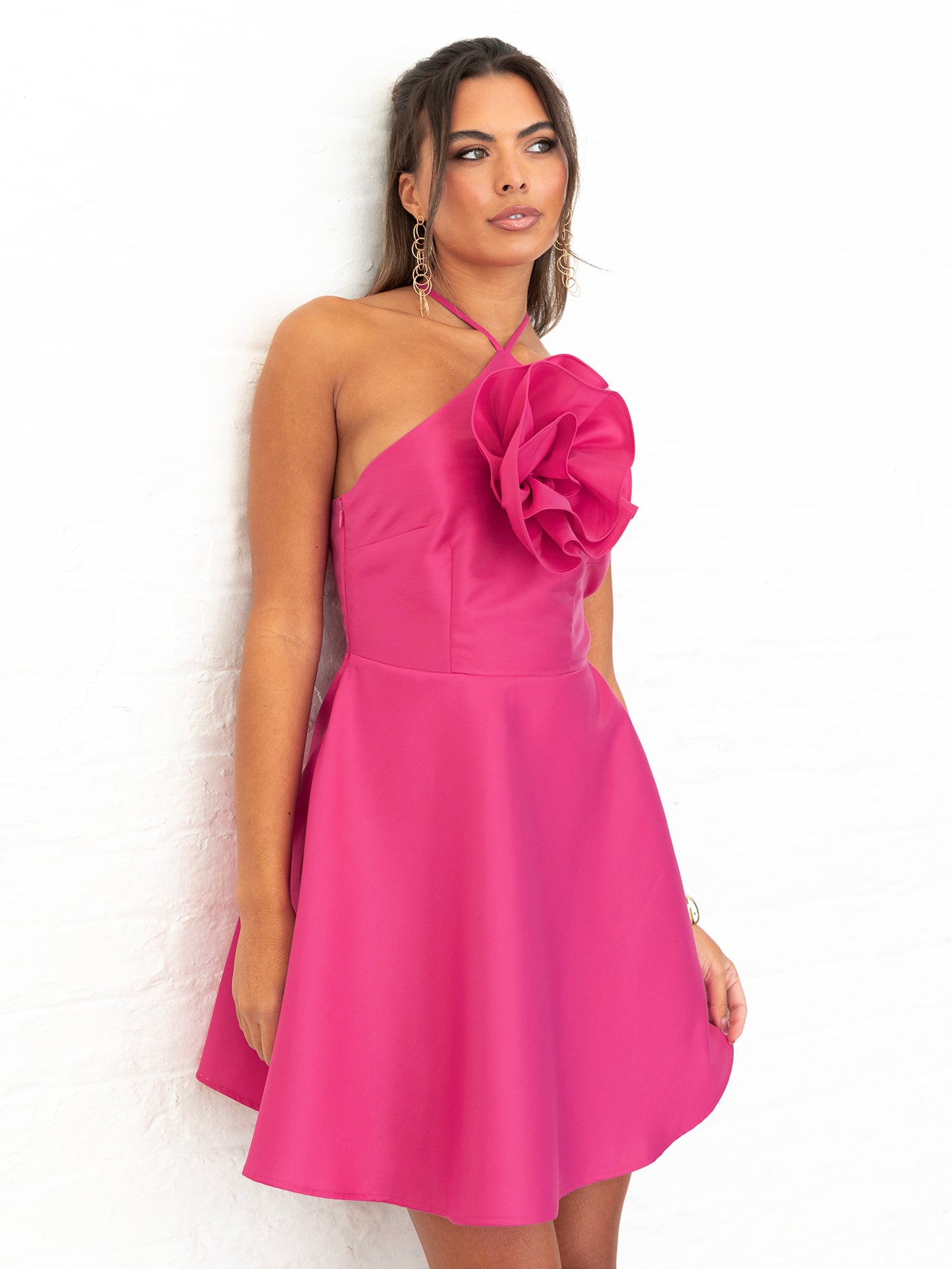 Maya Hot Pink Oversized Flower Corsage Strappy Mini Dress