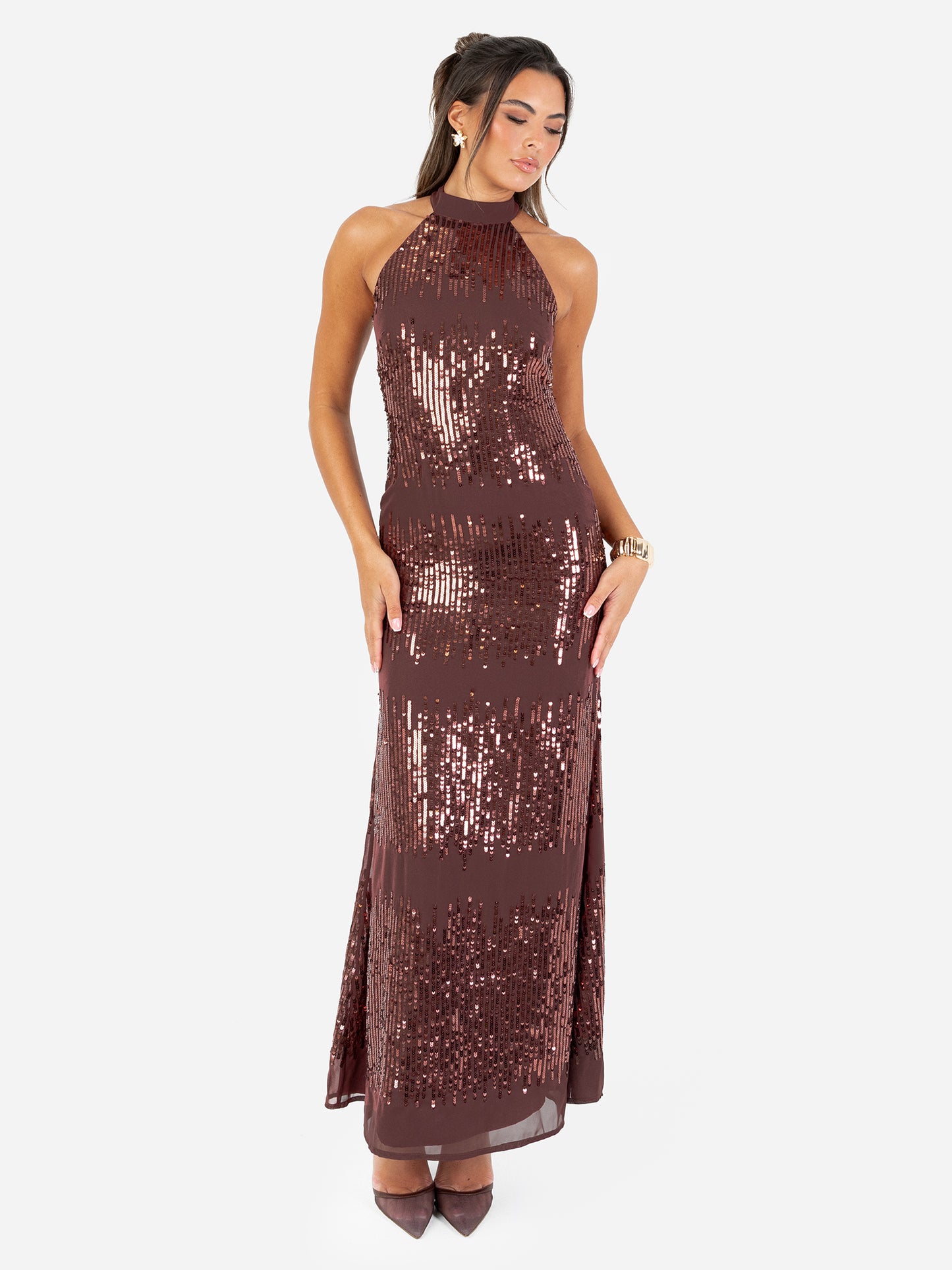 Maya Linear Embellishment Halter Neck Maxi Dress