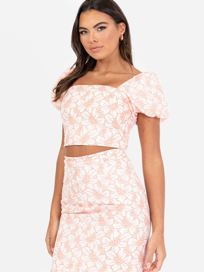 Maya Orange Floral Print Short Sleeve Crop Top