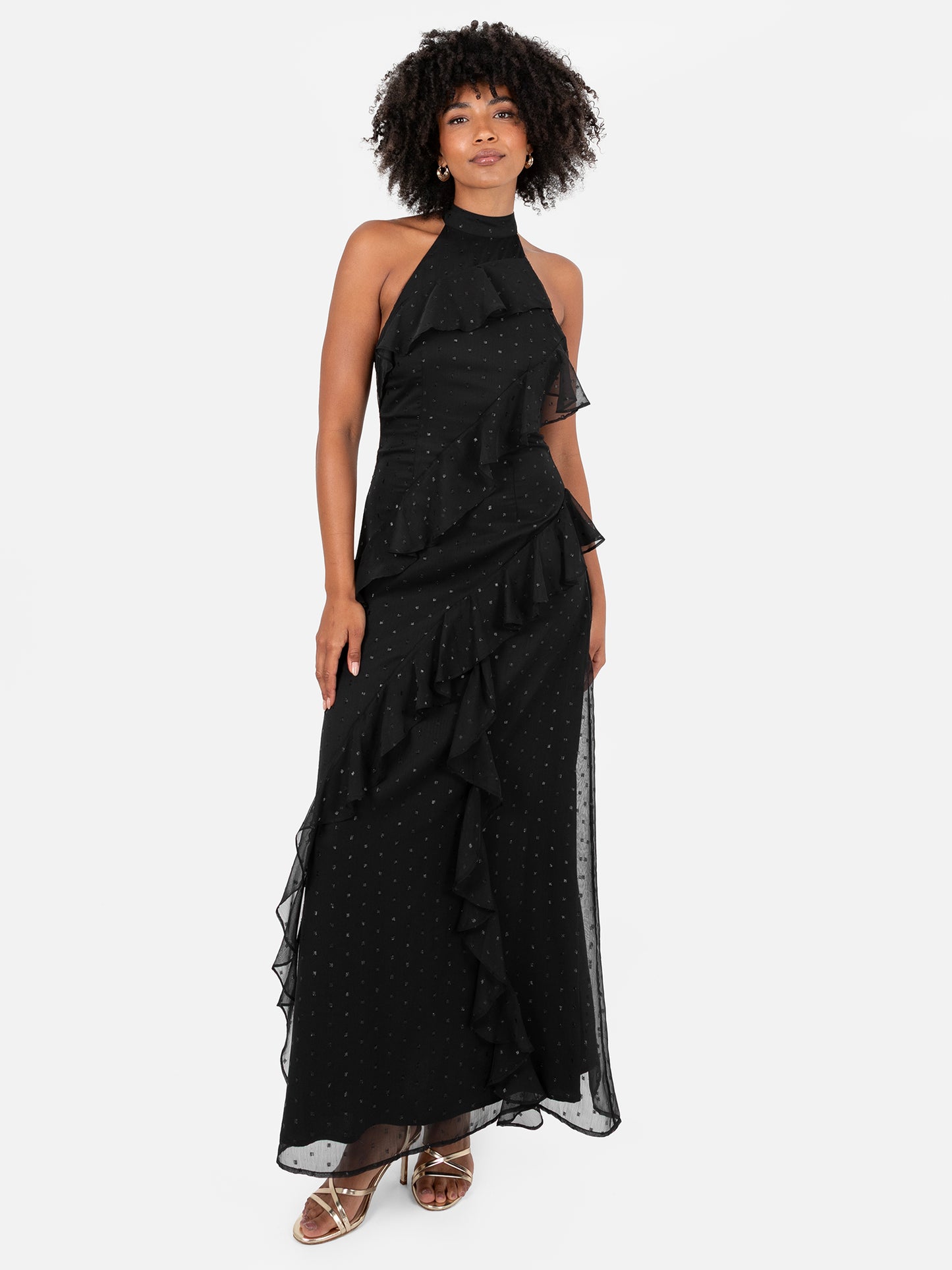 Anaya with Love Recycled Black Halter Neck Ruffled Maxi Dress