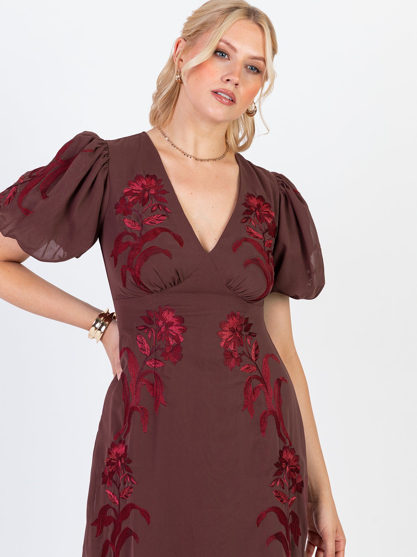 Maya Brown Embroidered Short Sleeve V Neck Midaxi Dress
