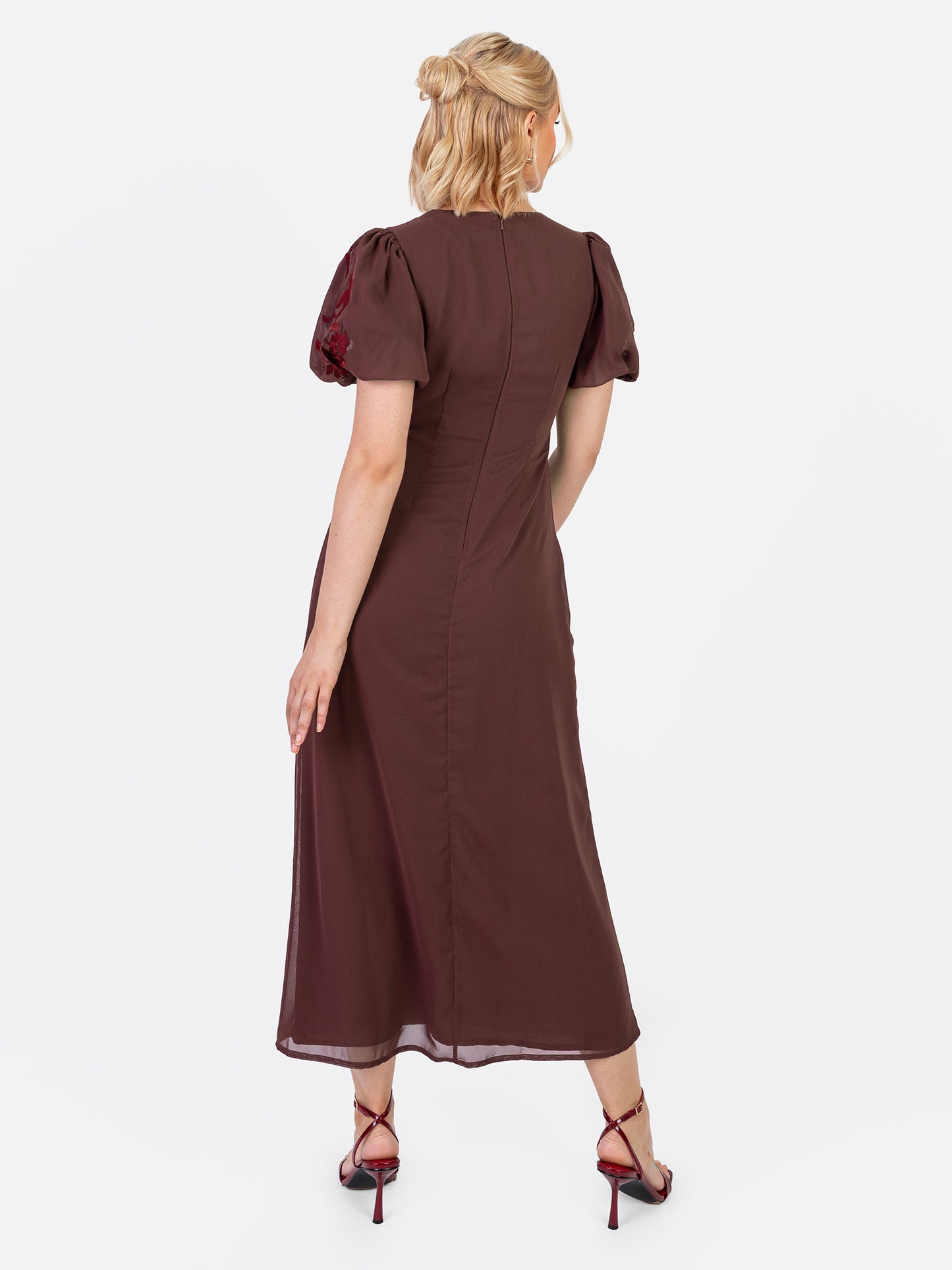 Maya Brown Embroidered Short Sleeve V Neck Midaxi Dress