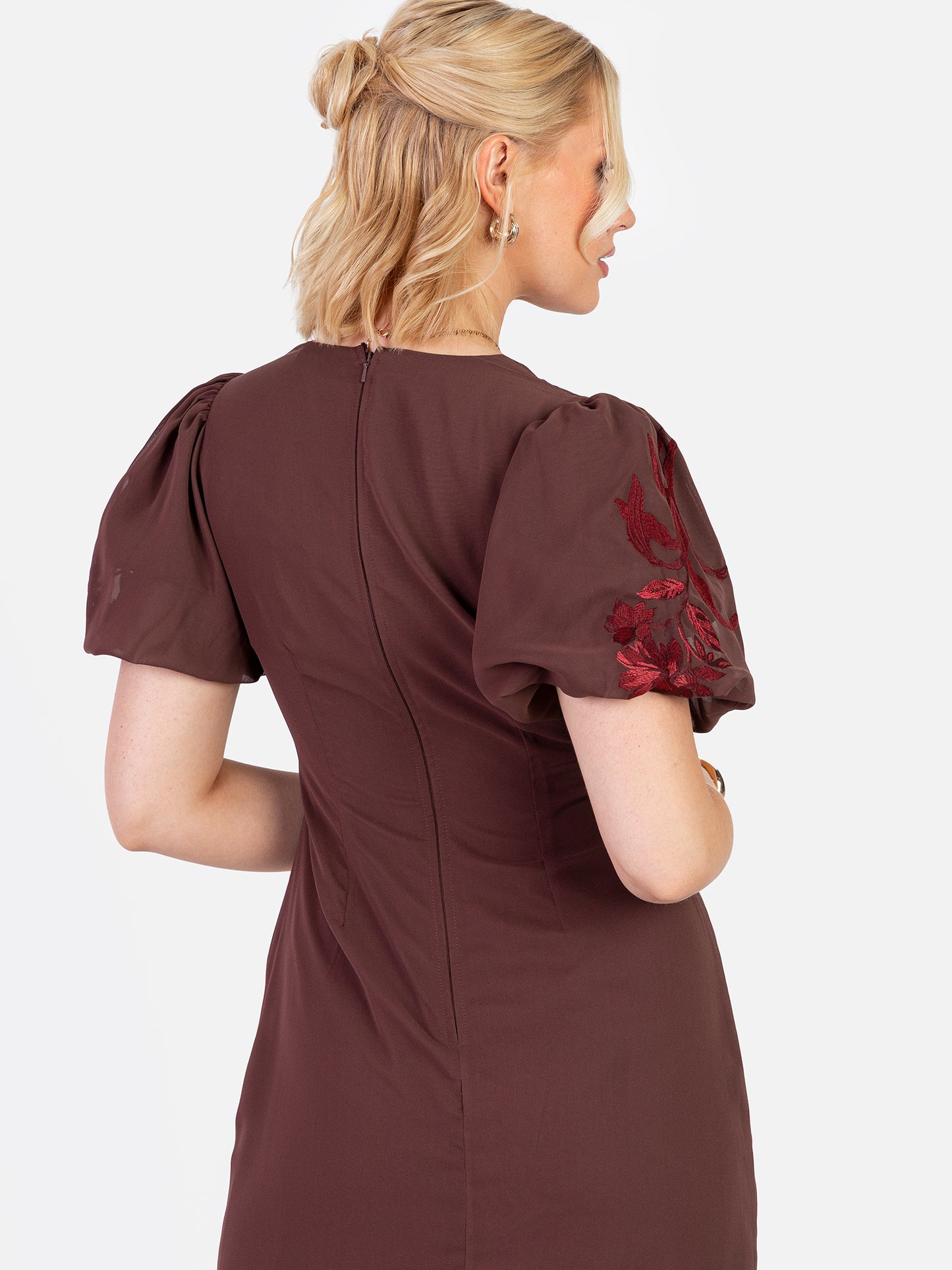 Maya Brown Embroidered Short Sleeve V Neck Midaxi Dress