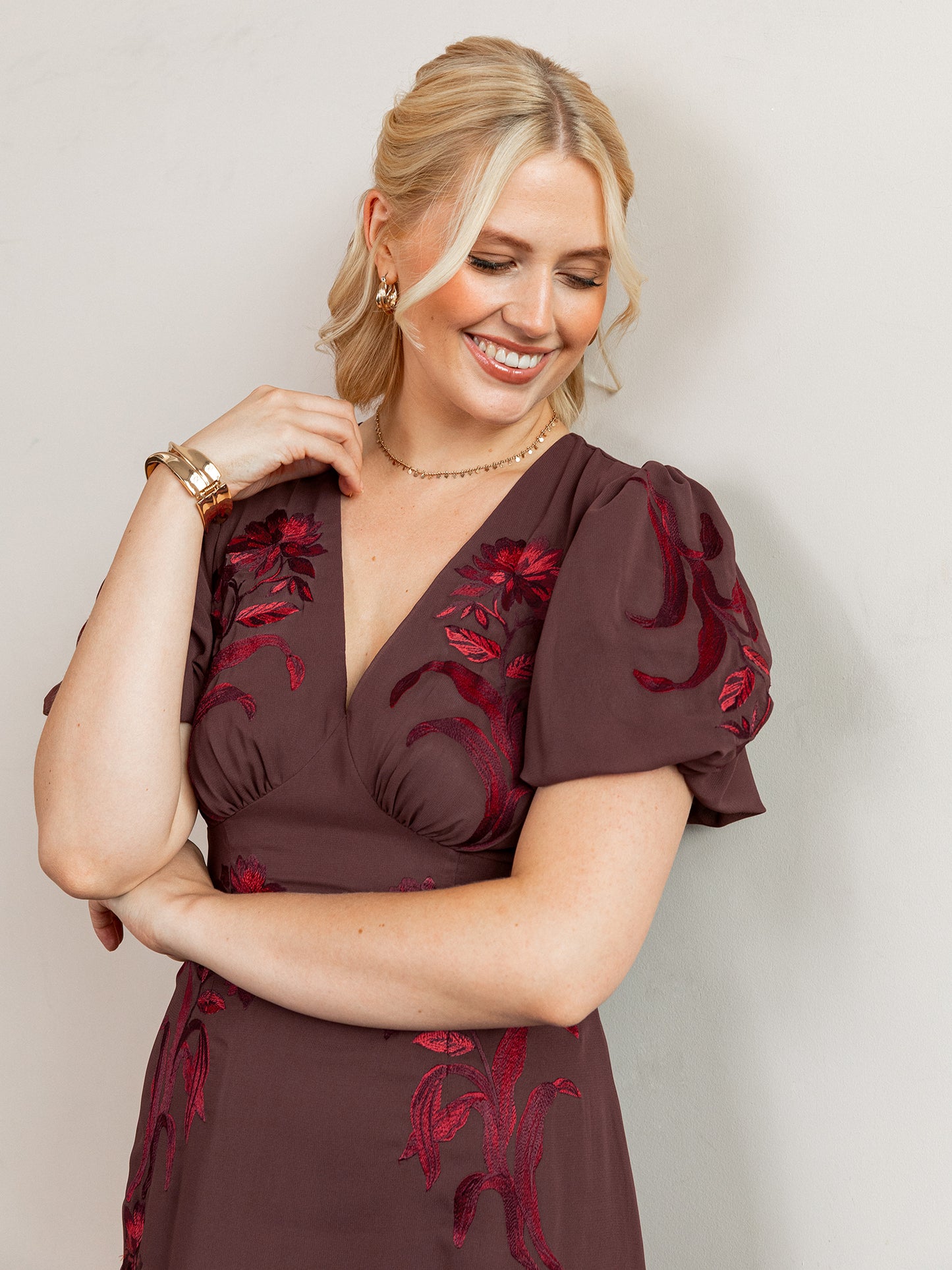 Maya Brown Embroidered Short Sleeve V Neck Midaxi Dress