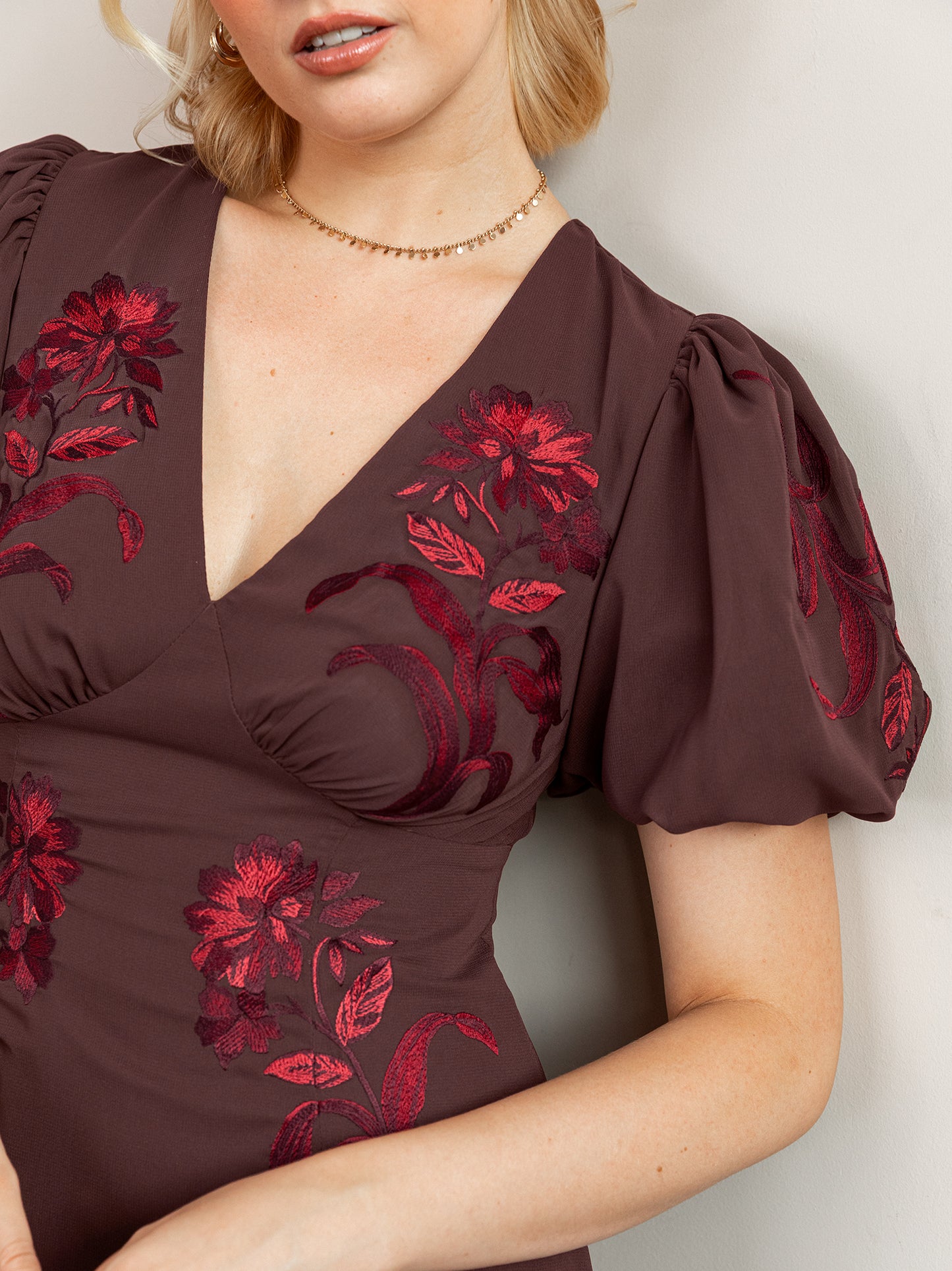 Maya Brown Embroidered Short Sleeve V Neck Midaxi Dress