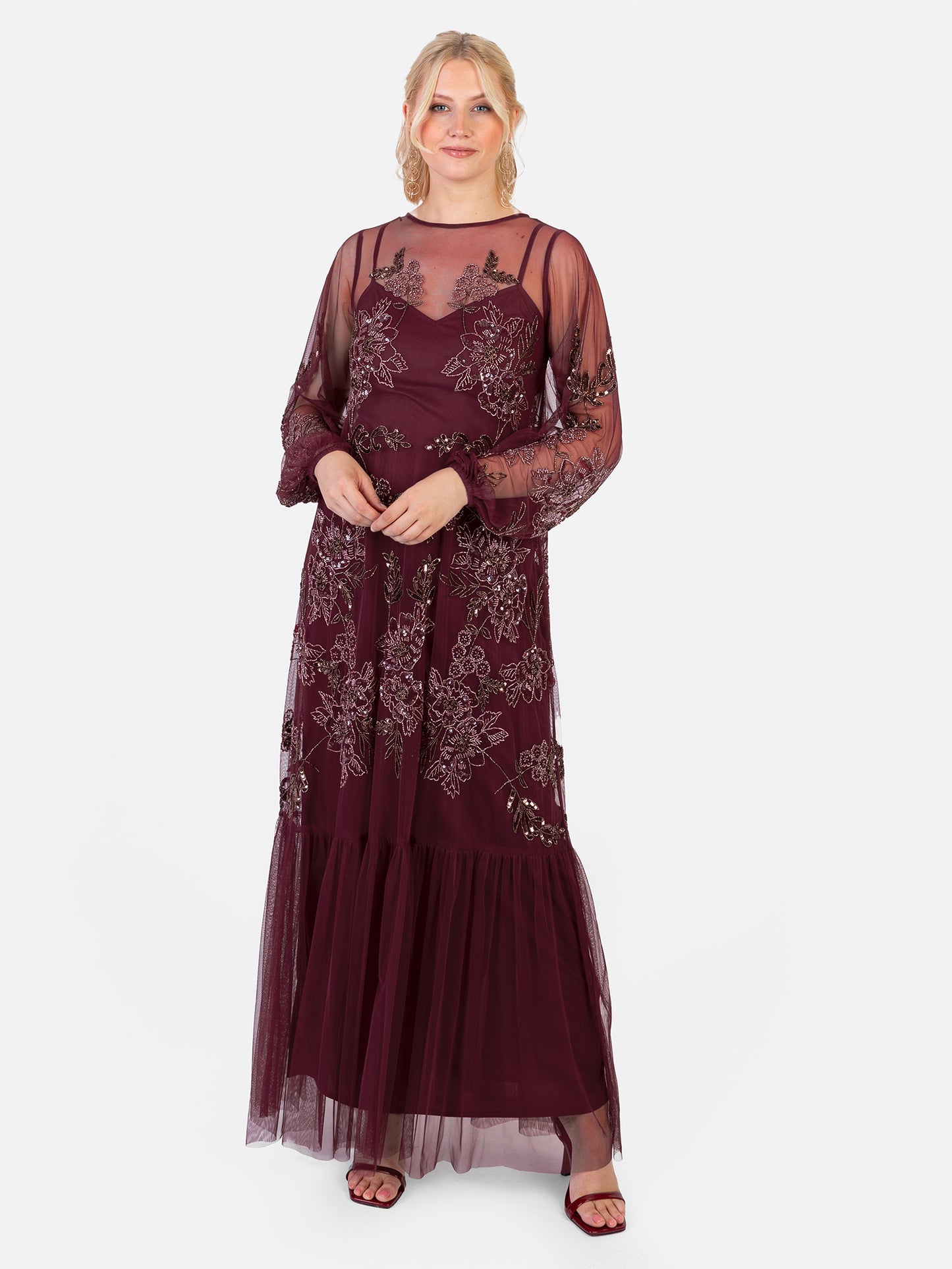 Maya Cranberry Floral Embellished Long Sleeve Trapeze Maxi Dress
