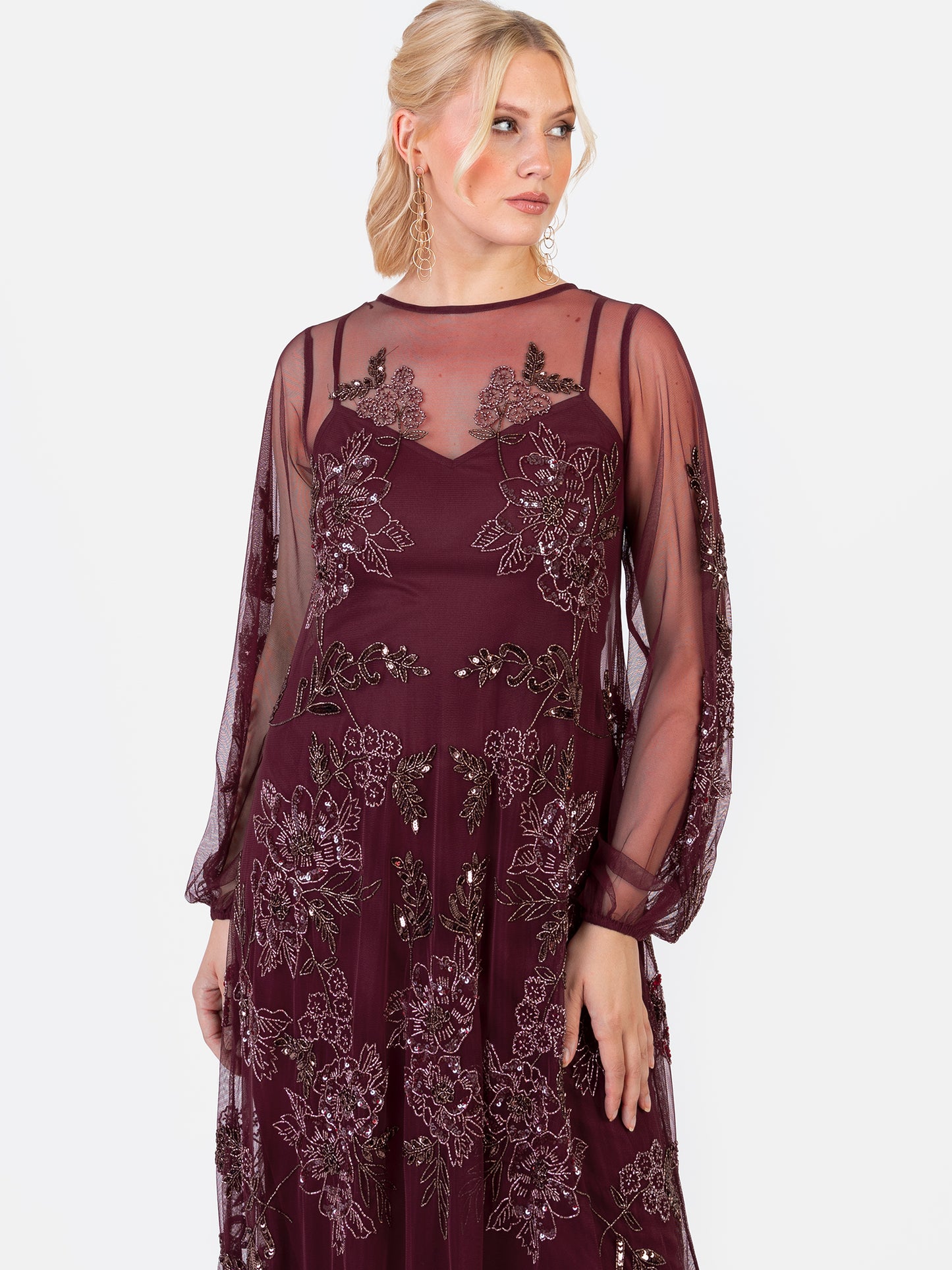 Maya Cranberry Floral Embellished Long Sleeve Trapeze Maxi Dress