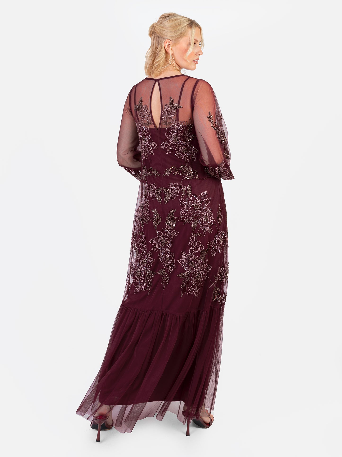 Maya Cranberry Floral Embellished Long Sleeve Trapeze Maxi Dress