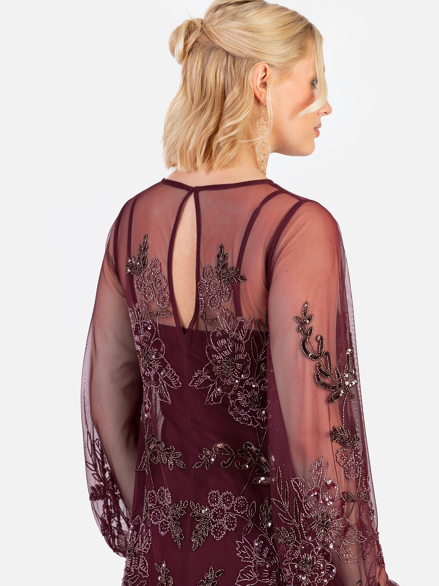 Maya Cranberry Floral Embellished Long Sleeve Trapeze Maxi Dress