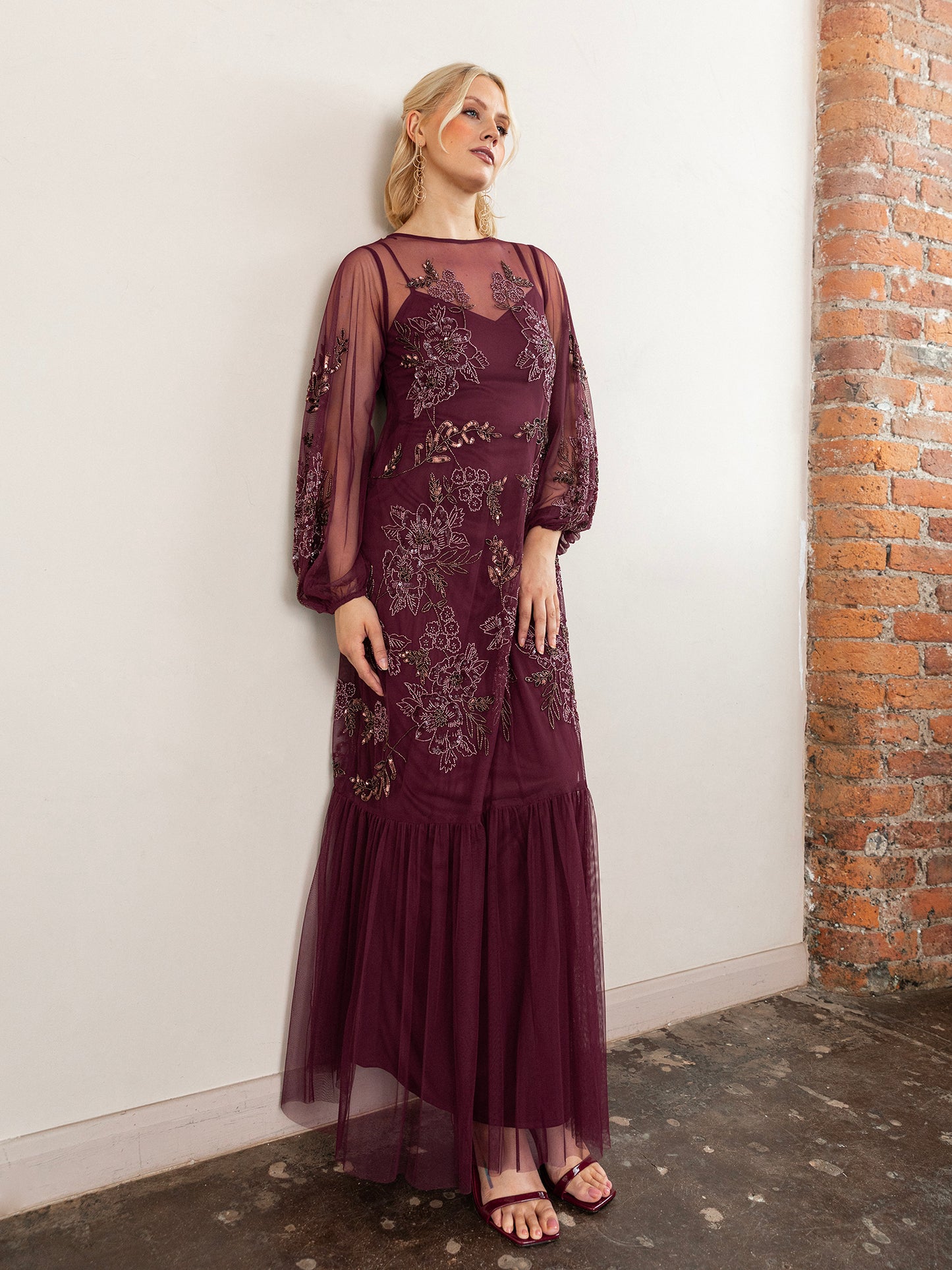 Maya Cranberry Floral Embellished Long Sleeve Trapeze Maxi Dress
