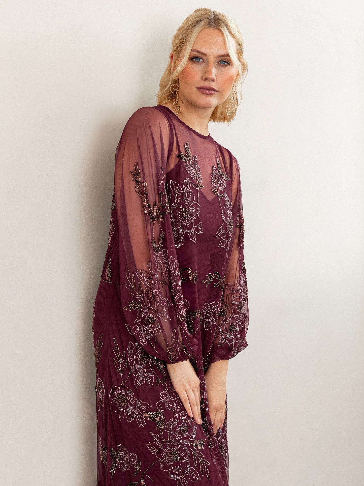 Maya Cranberry Floral Embellished Long Sleeve Trapeze Maxi Dress