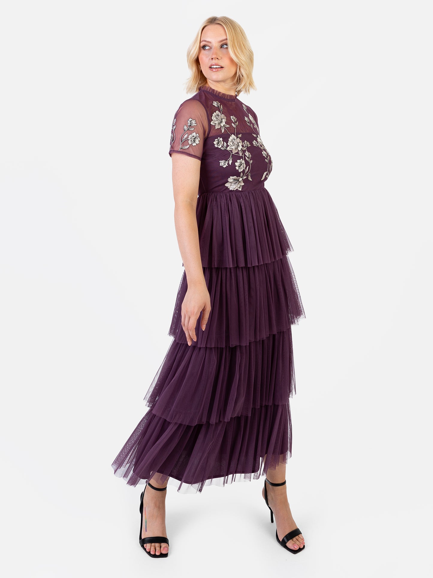 Maya Berry Embroidered Tiered Midaxi Dress
