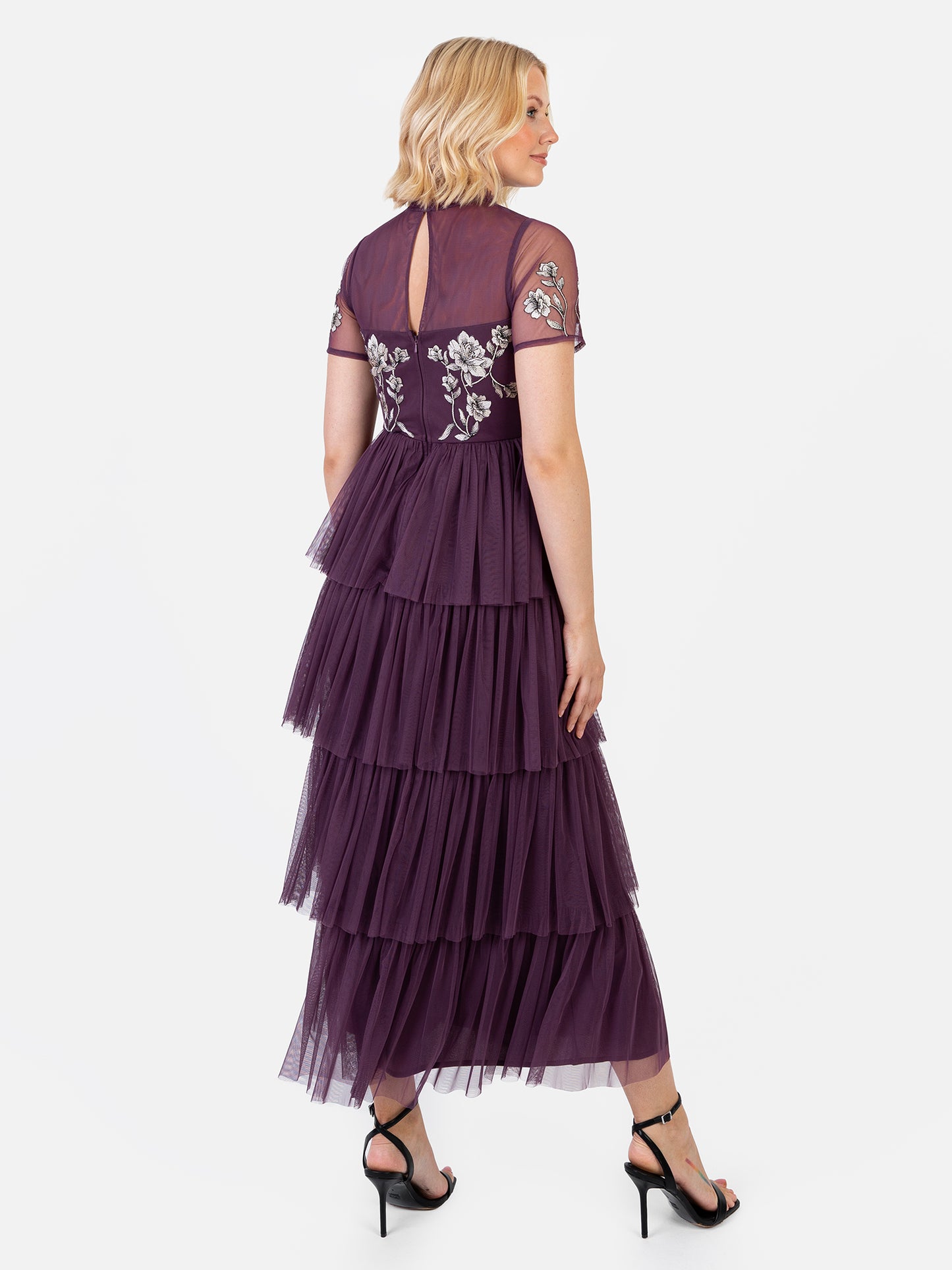Maya Berry Embroidered Tiered Midaxi Dress