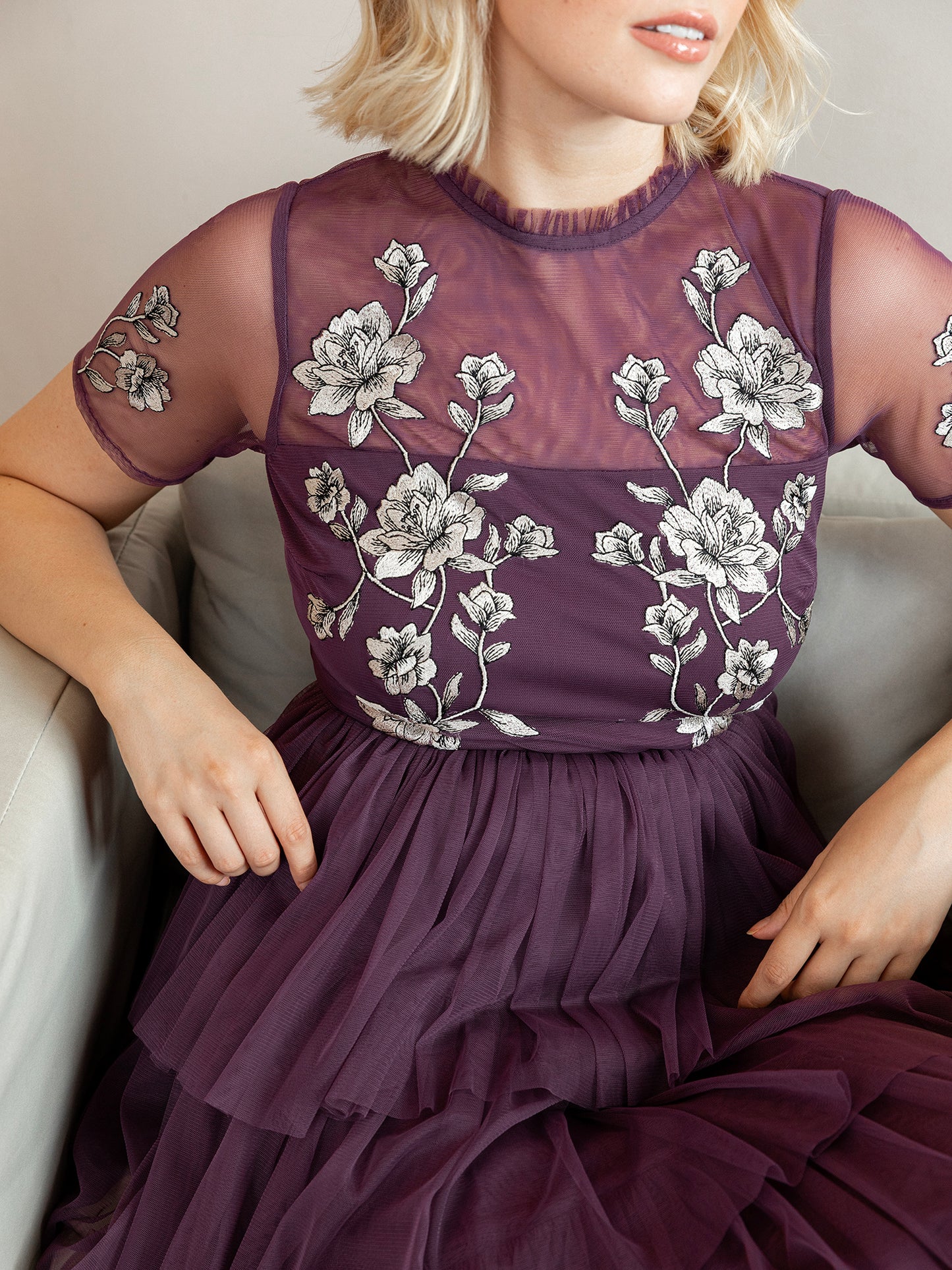 Maya Berry Embroidered Tiered Midaxi Dress