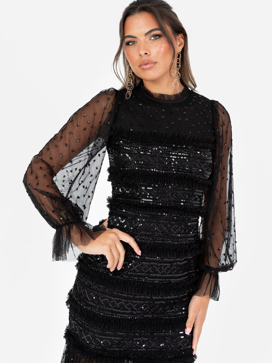 Maya Black Sequin & Frill Long Sleeve Tulle Maxi Dress