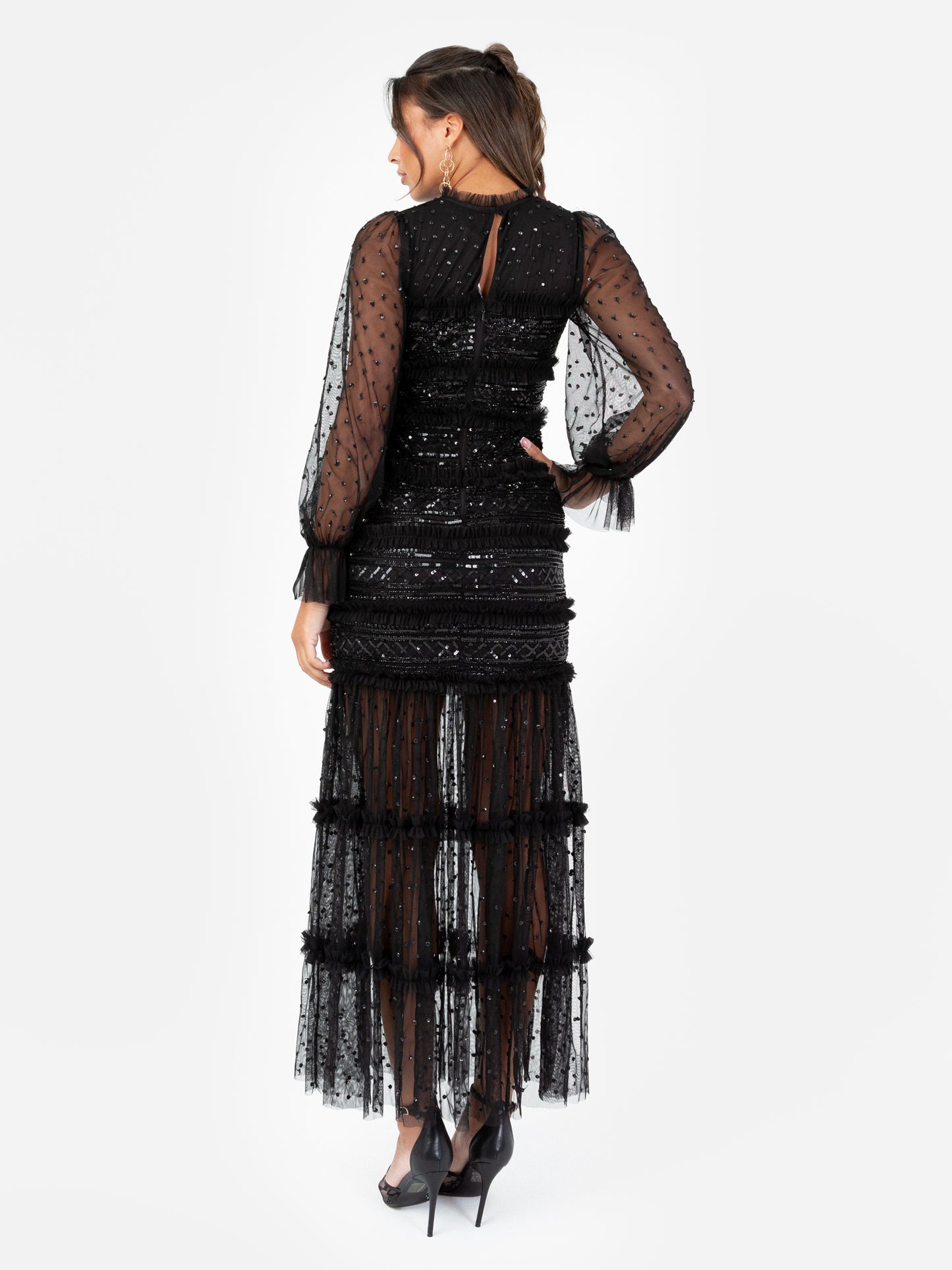 Maya Black Sequin & Frill Long Sleeve Tulle Maxi Dress