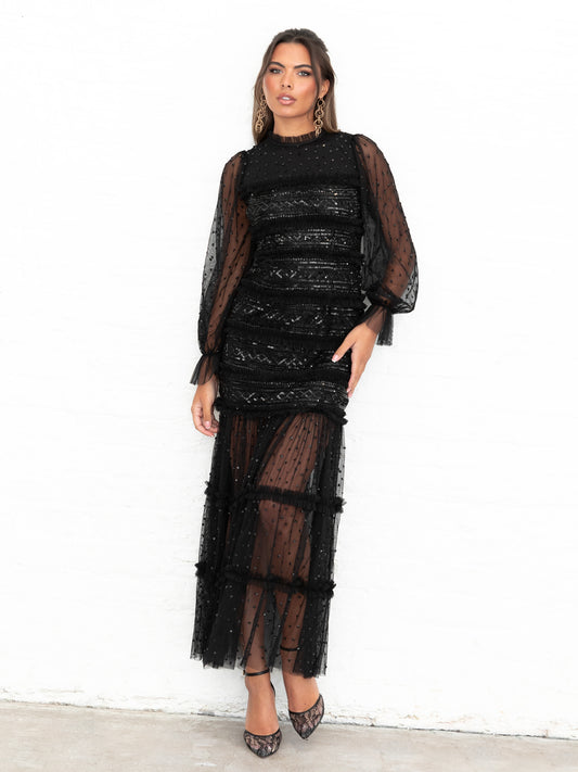 Maya Black Sequin & Frill Long Sleeve Tulle Maxi Dress