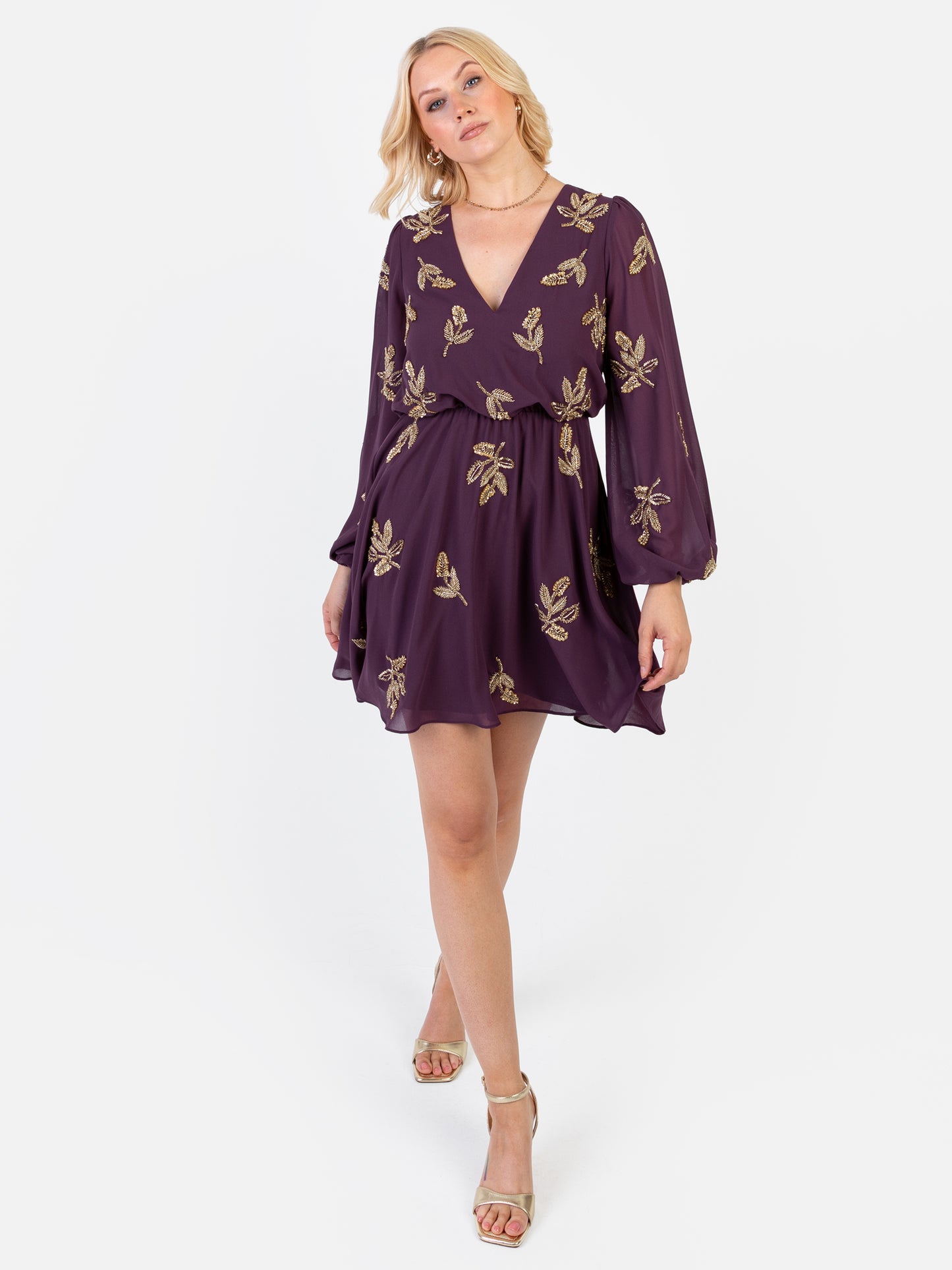 Maya Berry Leaf Embellished Long Sleeve V Neck Mini Dress