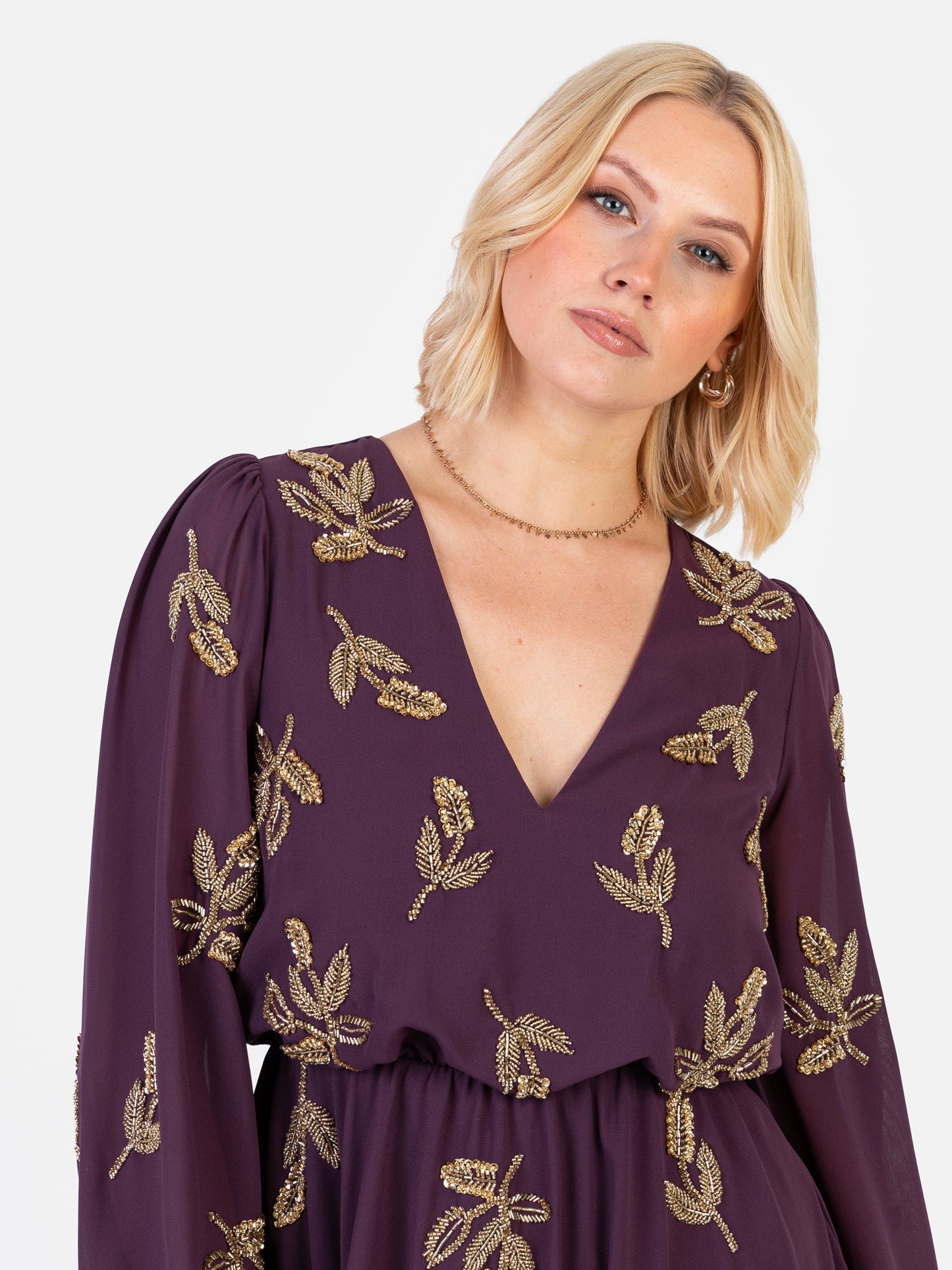 Maya Berry Leaf Embellished Long Sleeve V Neck Mini Dress