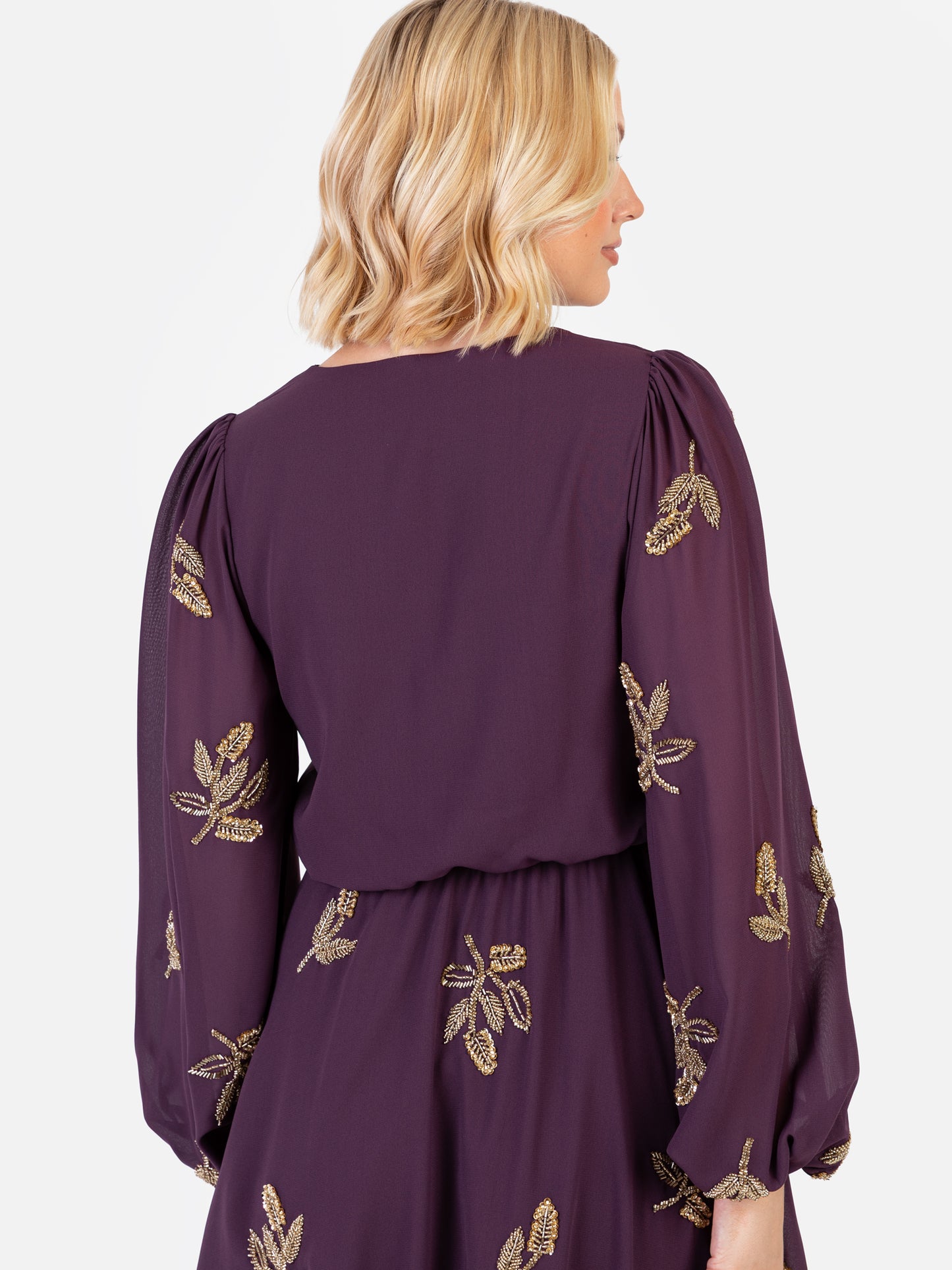 Maya Berry Leaf Embellished Long Sleeve V Neck Mini Dress