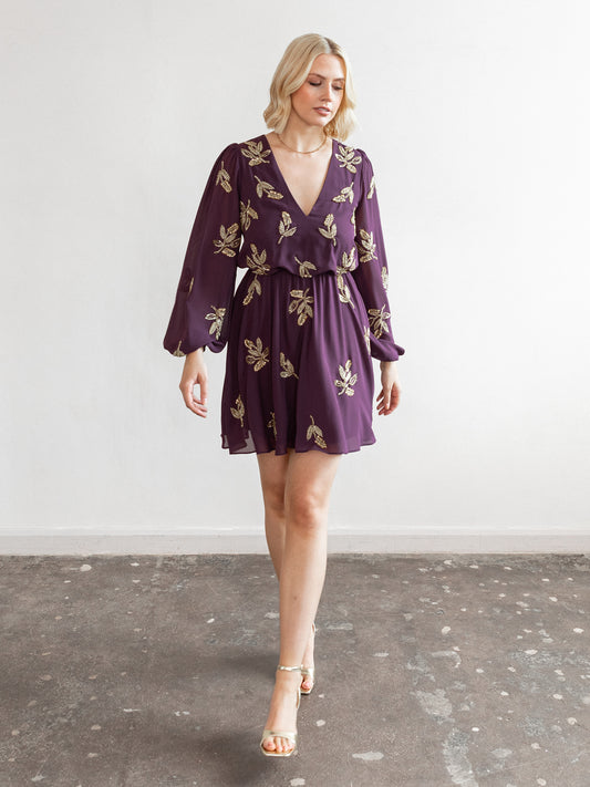 Maya Berry Leaf Embellished Long Sleeve V Neck Mini Dress
