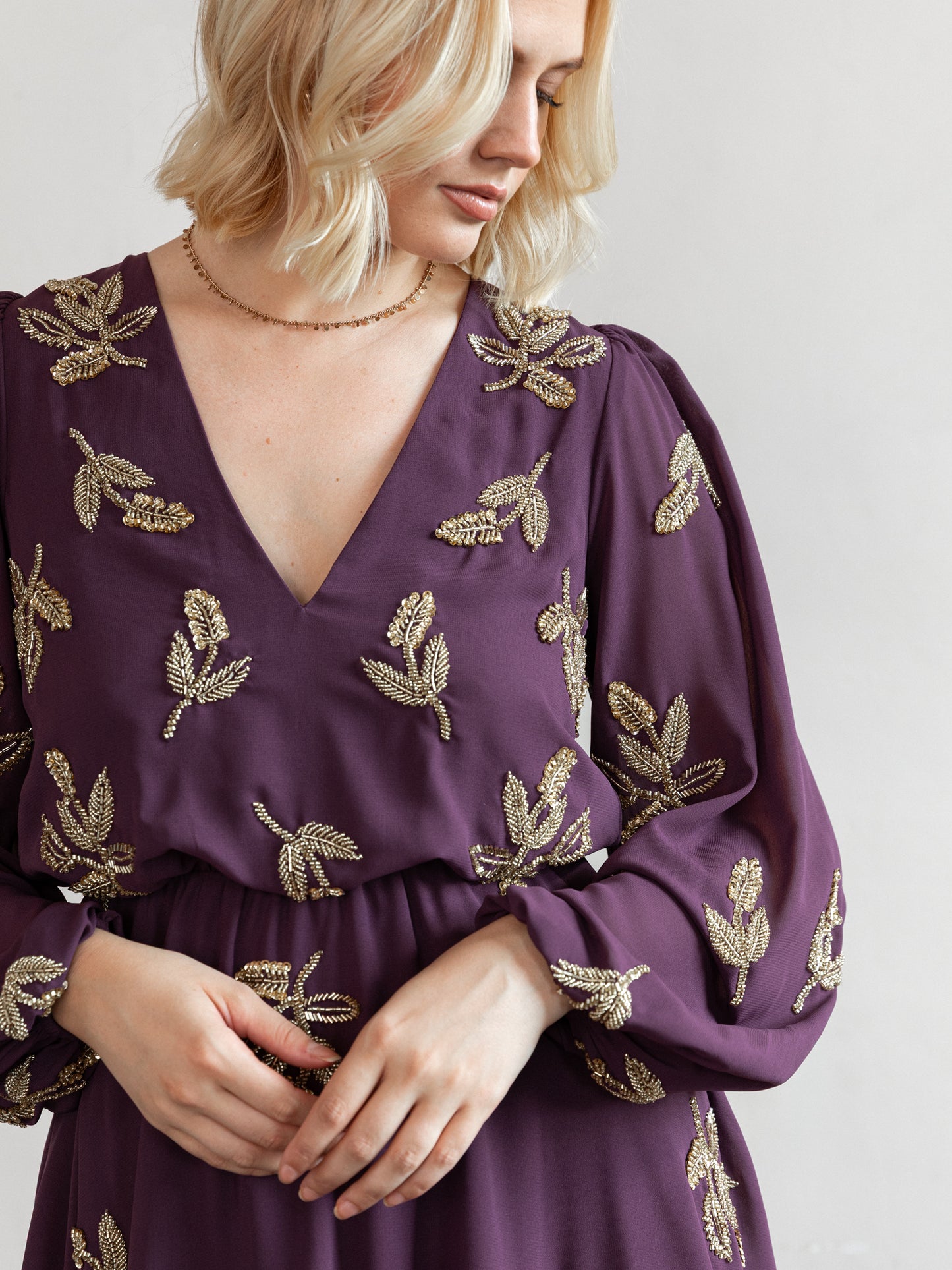 Maya Berry Leaf Embellished Long Sleeve V Neck Mini Dress