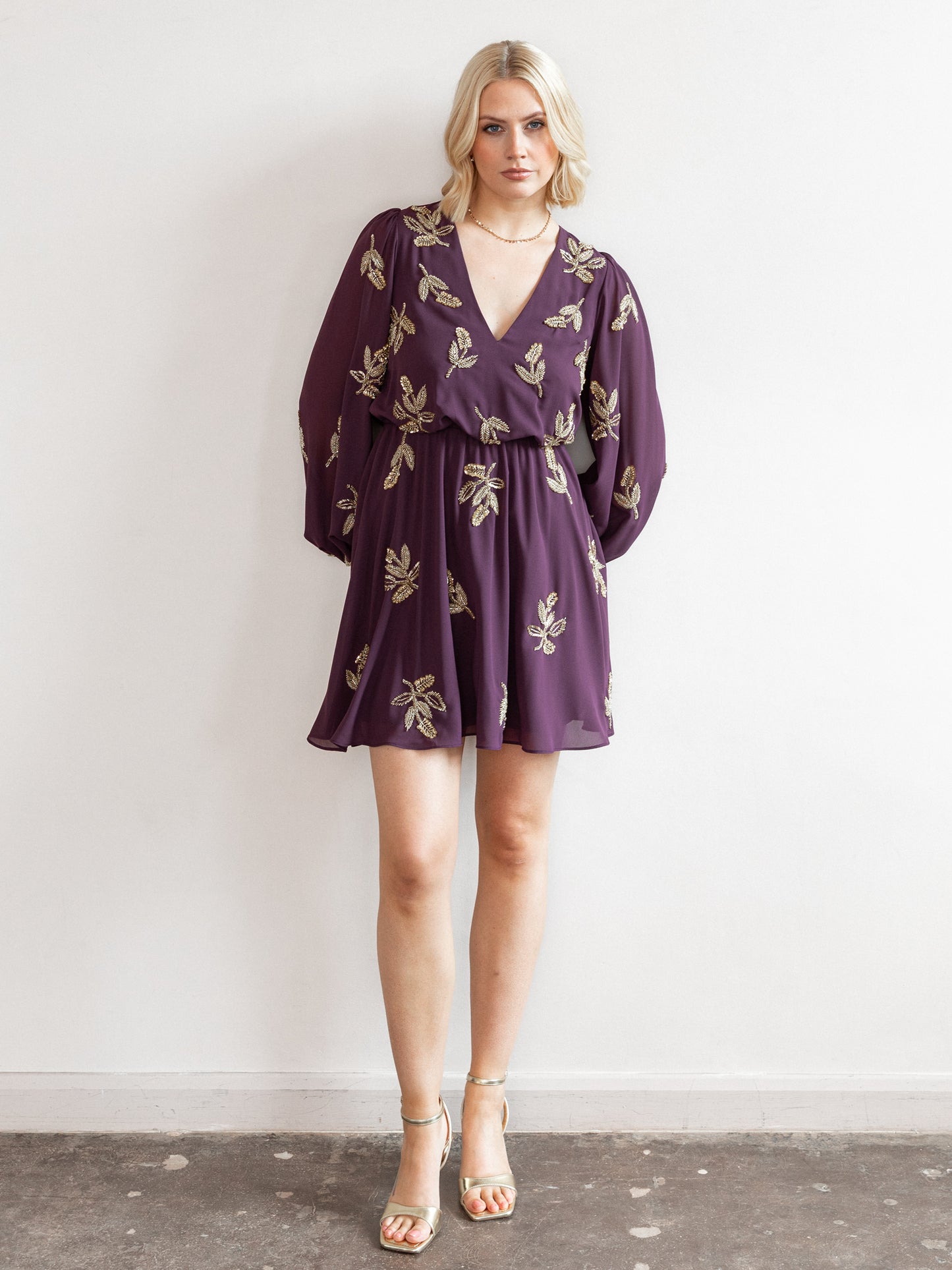 Maya Berry Leaf Embellished Long Sleeve V Neck Mini Dress